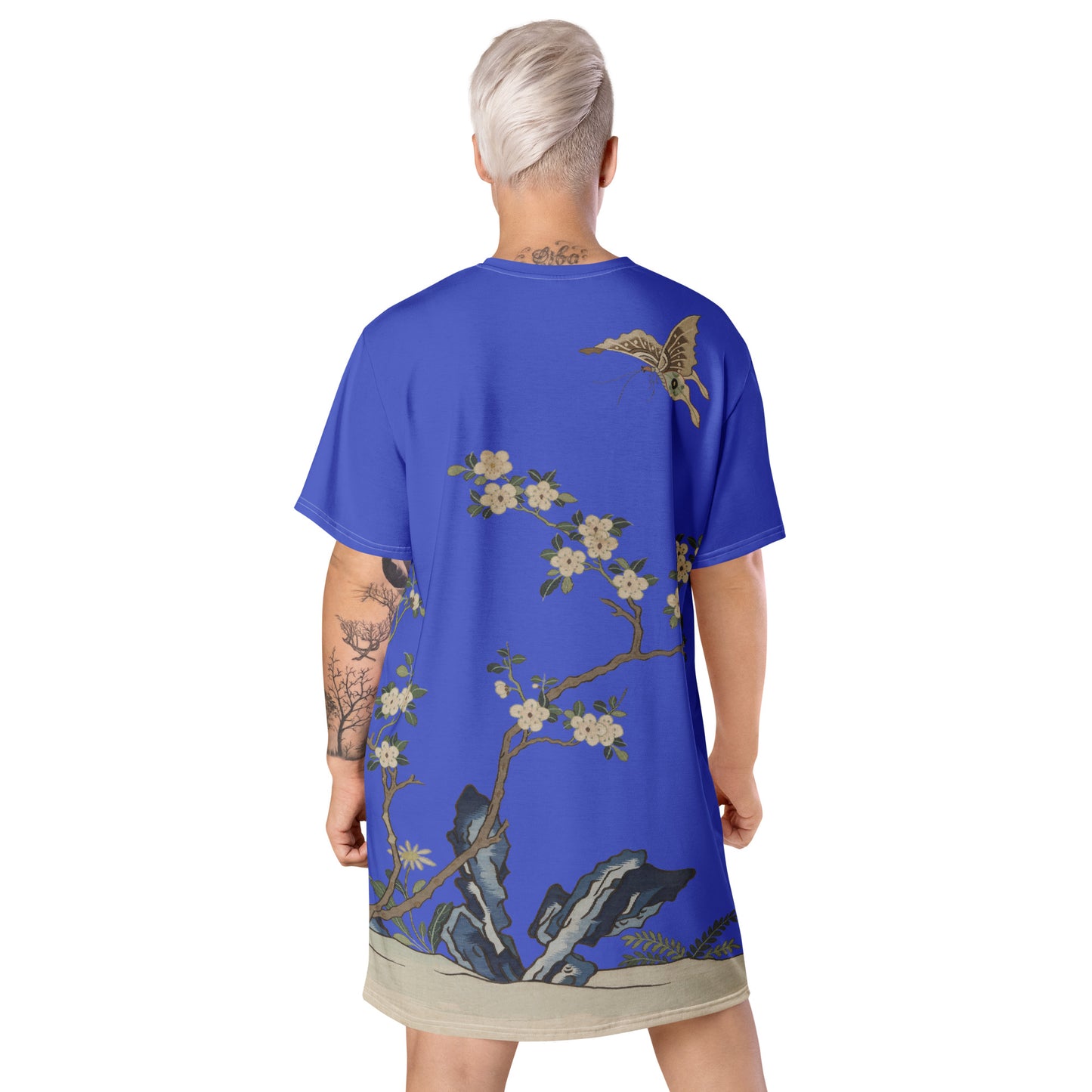 Kesi Flower Album｜White Plum Blossoms and Butterfly｜T-shirt dress｜Royal blue