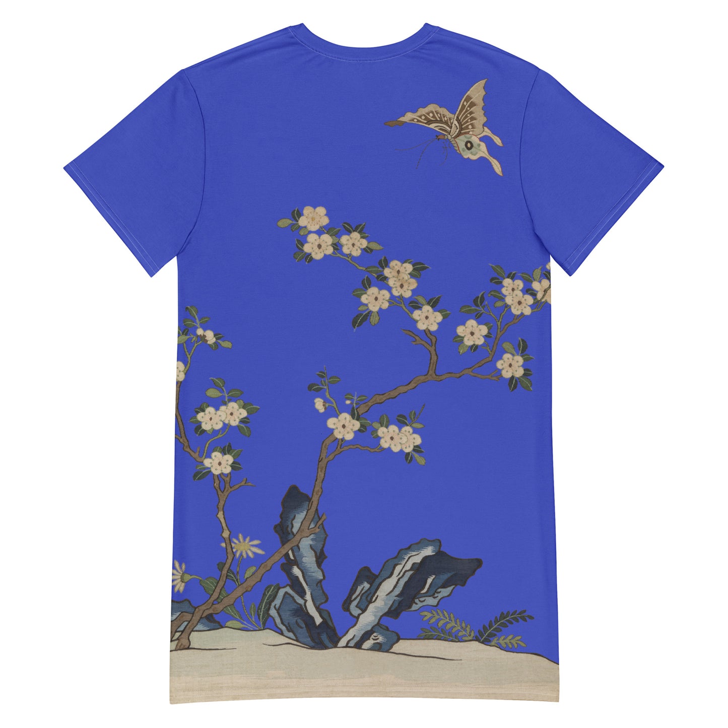 Kesi Flower Album｜White Plum Blossoms and Butterfly｜T-shirt dress｜Royal blue