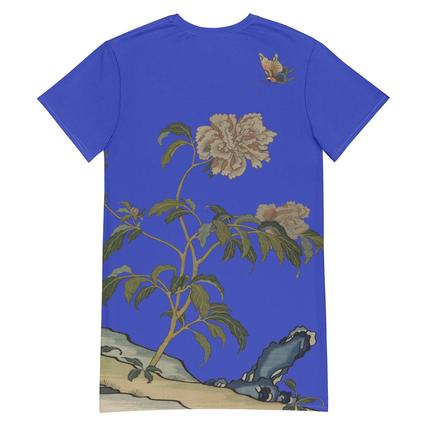 タペストリーの花｜牡丹と蝶｜Tシャツドレス｜ロイヤルブルー