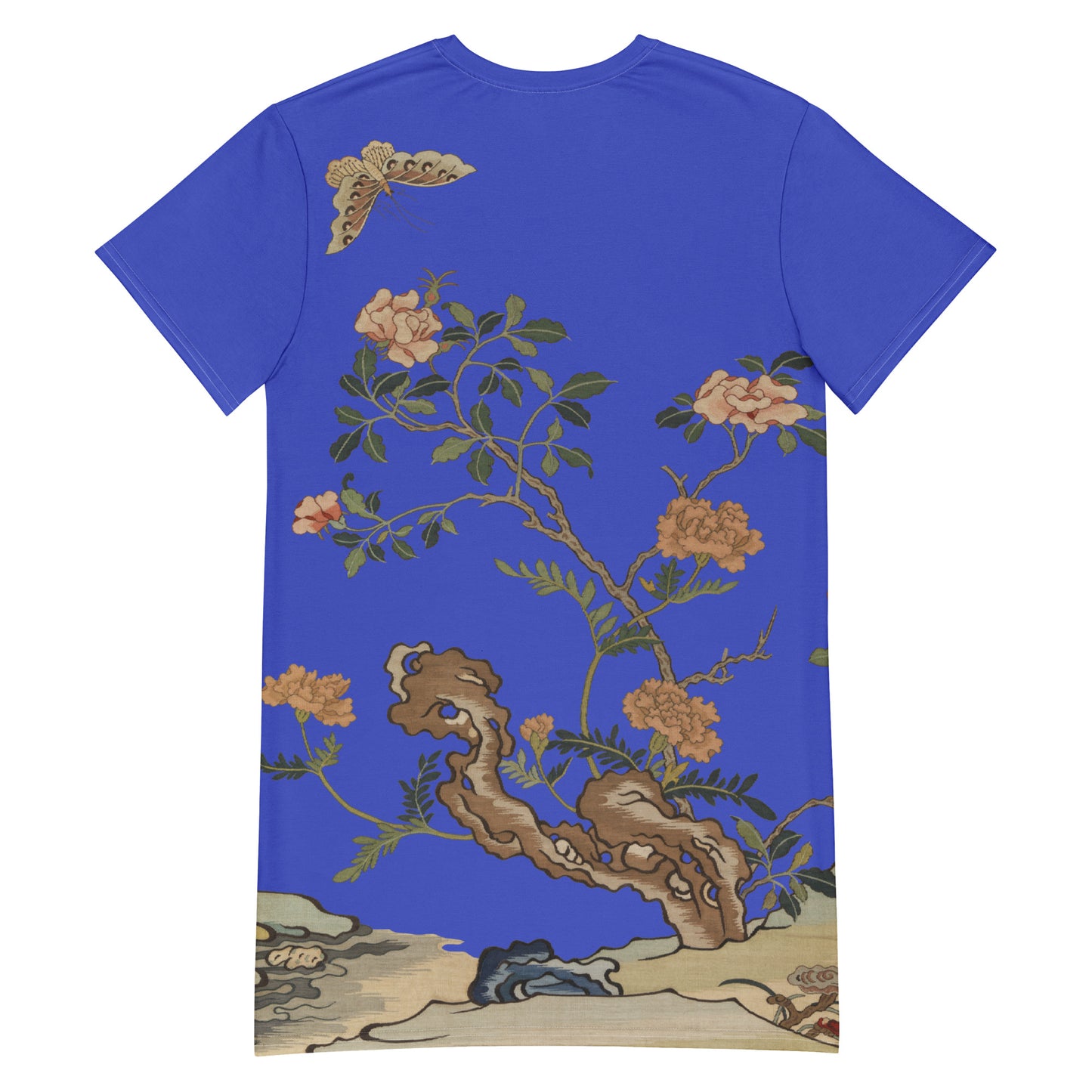 タペストリーの花｜椿と蝶｜Tシャツドレス｜ロイヤルブルー