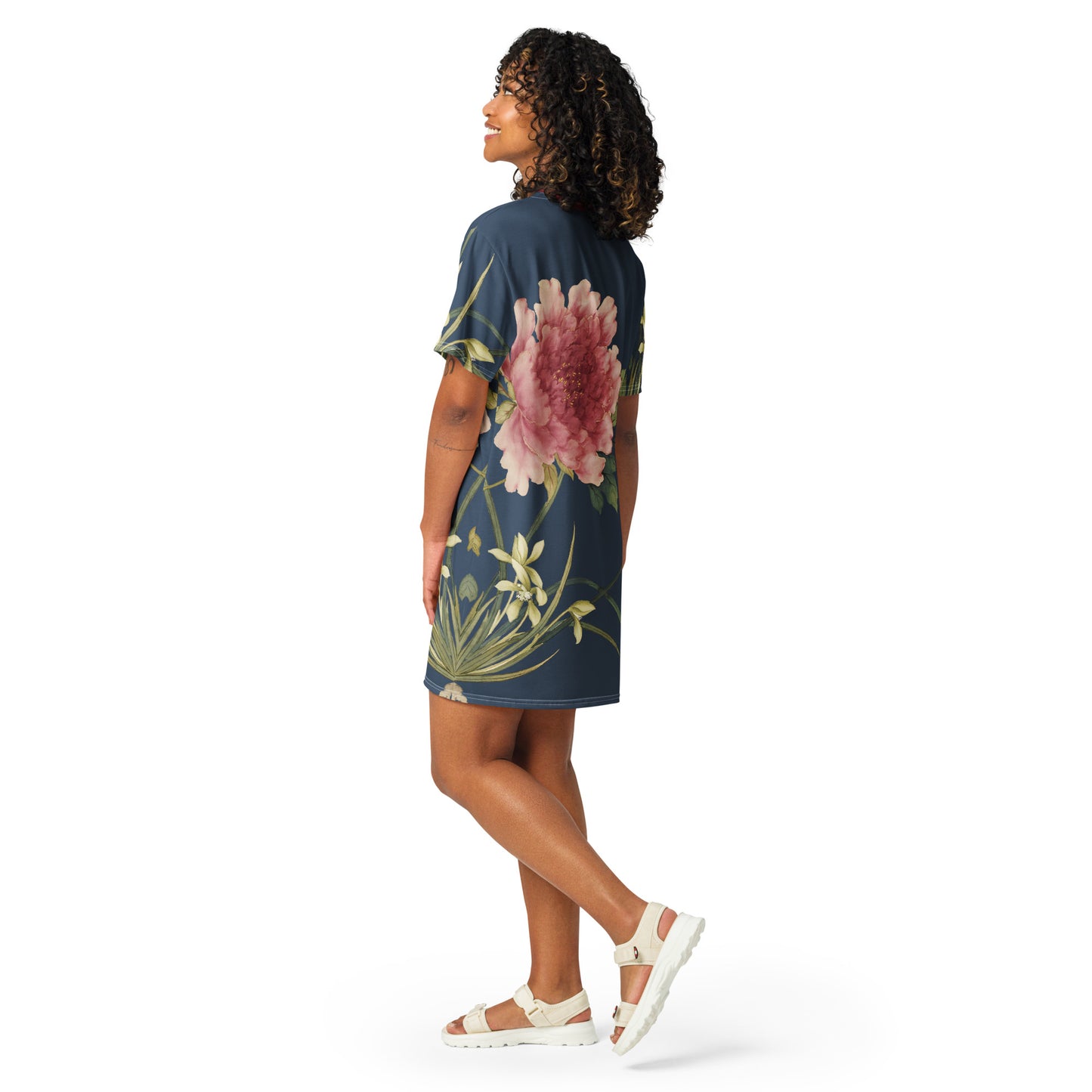 The Spirit of Flowers in Twelve Months｜Orchid and Tree Peony in Bloom｜T-shirt dress｜Dark blue