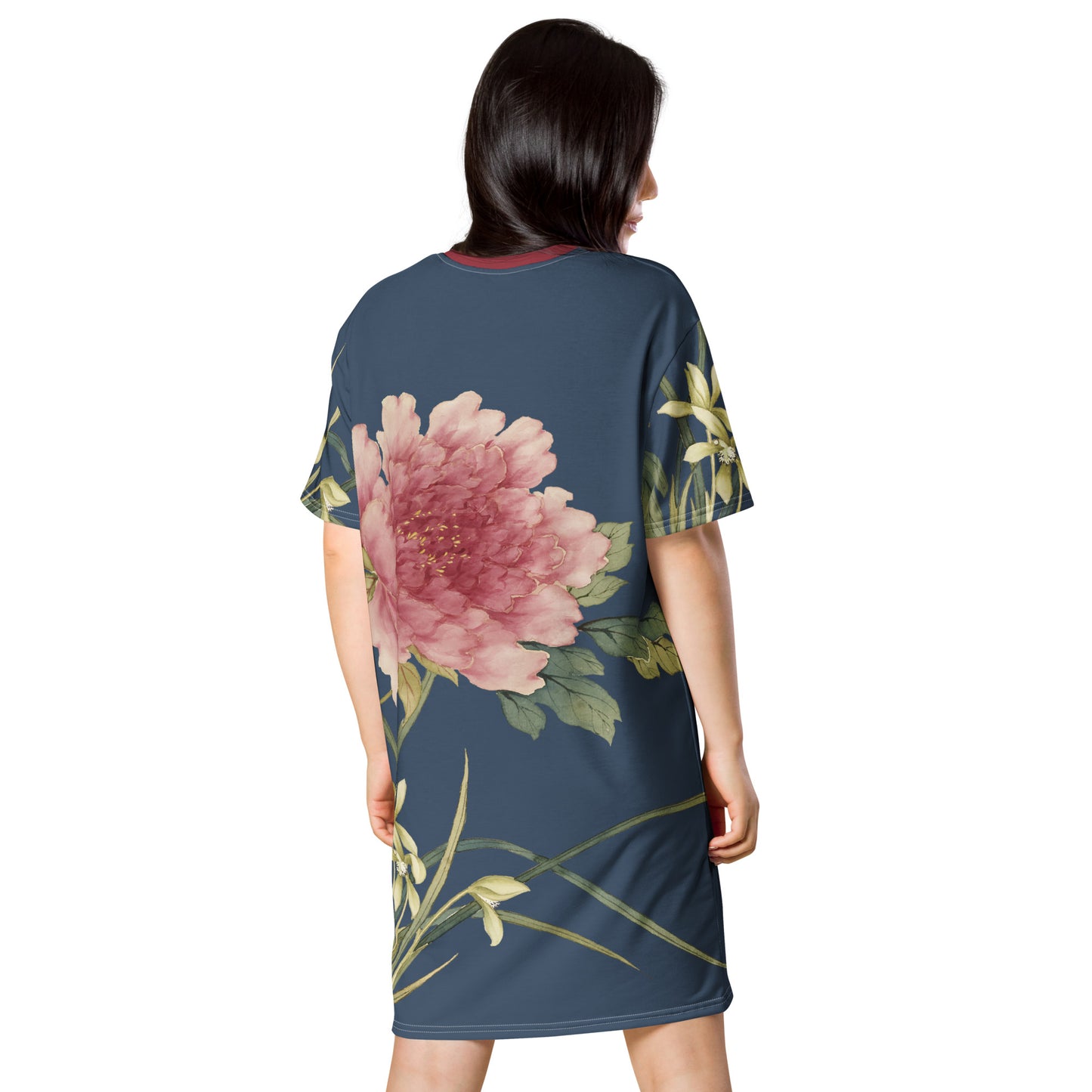 The Spirit of Flowers in Twelve Months｜Orchid and Tree Peony in Bloom｜T-shirt dress｜Dark blue