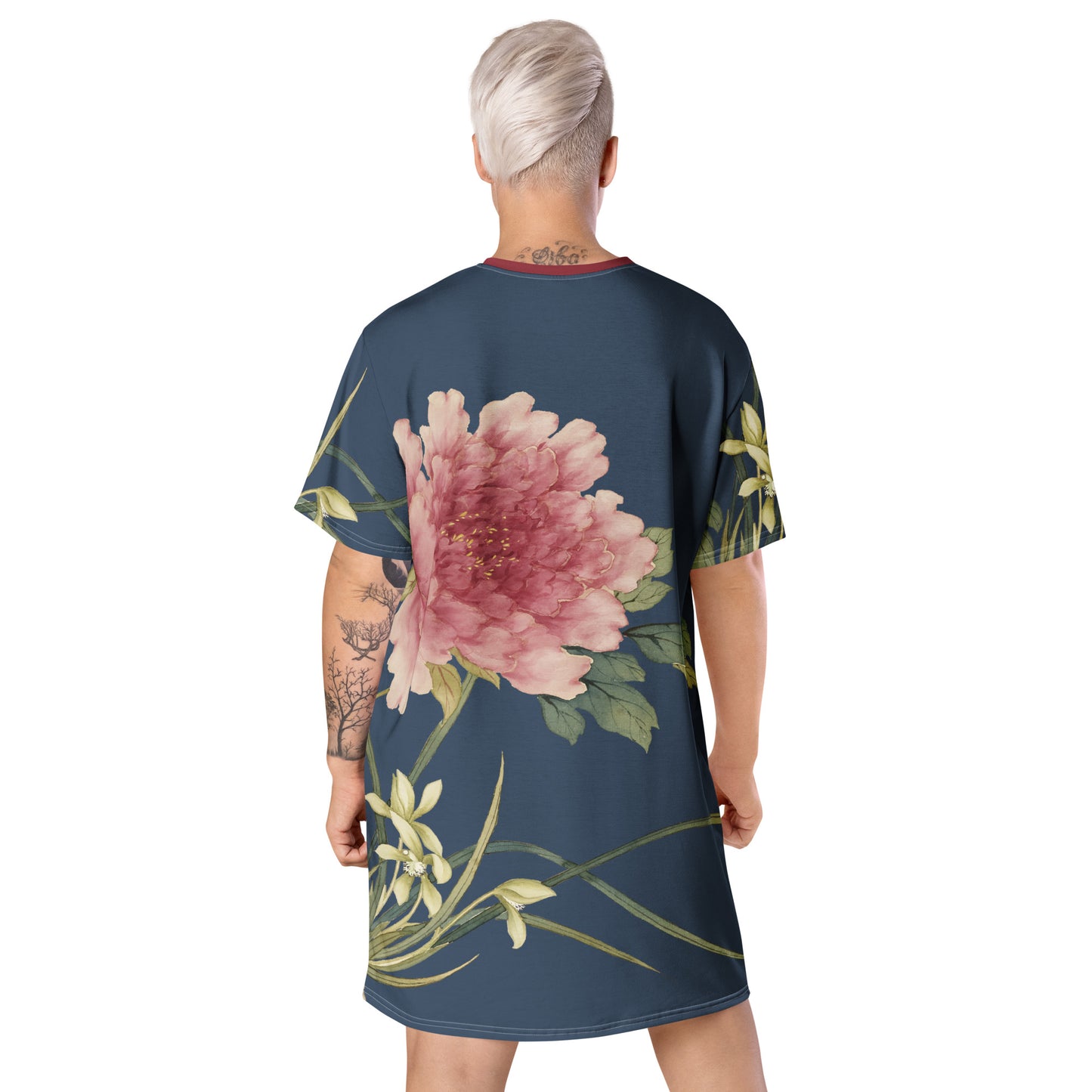 The Spirit of Flowers in Twelve Months｜Orchid and Tree Peony in Bloom｜T-shirt dress｜Dark blue