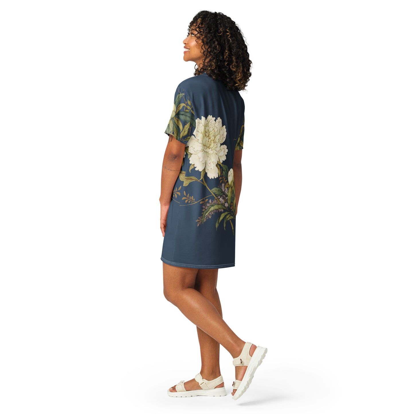 The Spirit of Flowers in Twelve Months｜Chinese Peony and Wisteria in Bloom｜T-shirt dress｜Dark blue