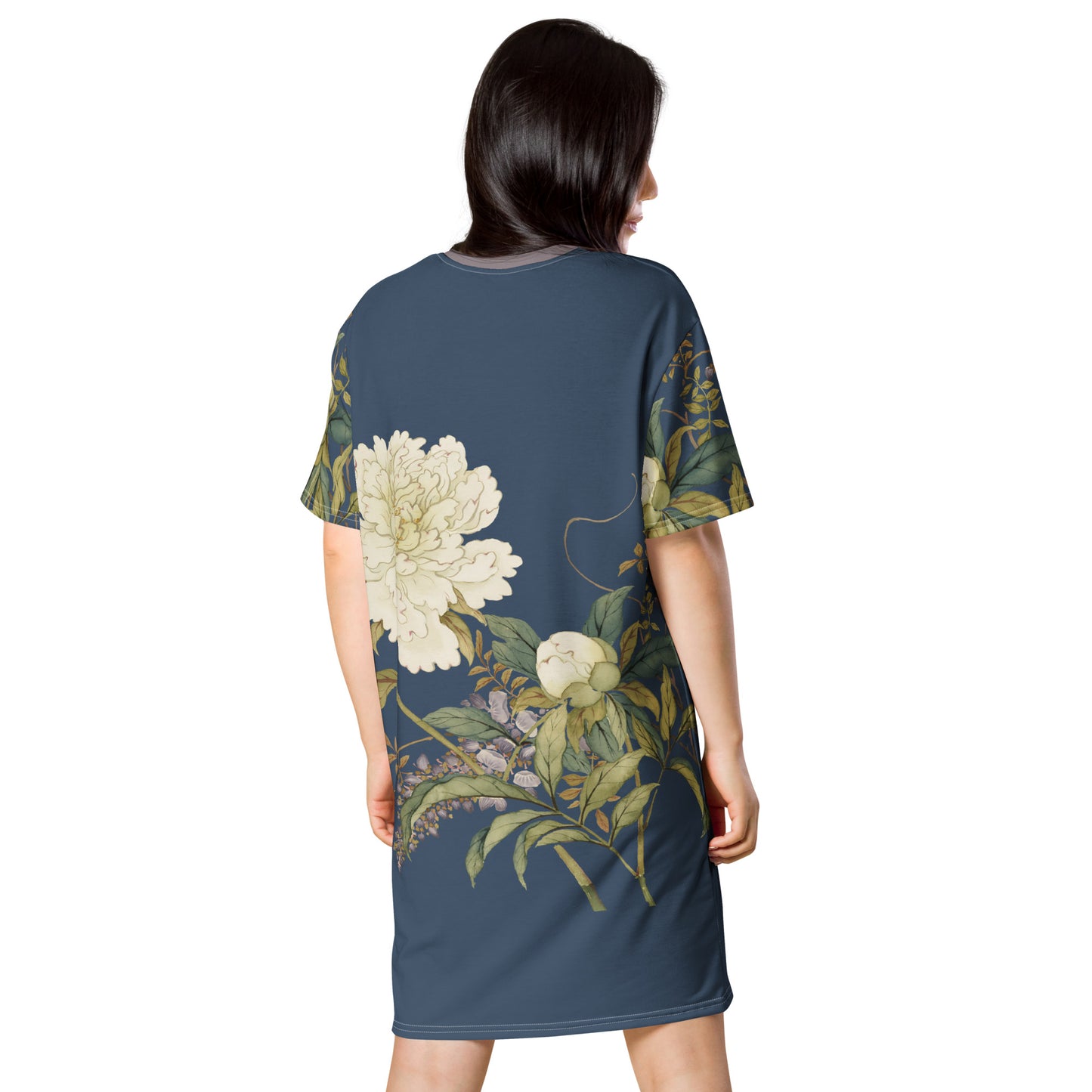 The Spirit of Flowers in Twelve Months｜Chinese Peony and Wisteria in Bloom｜T-shirt dress｜Dark blue