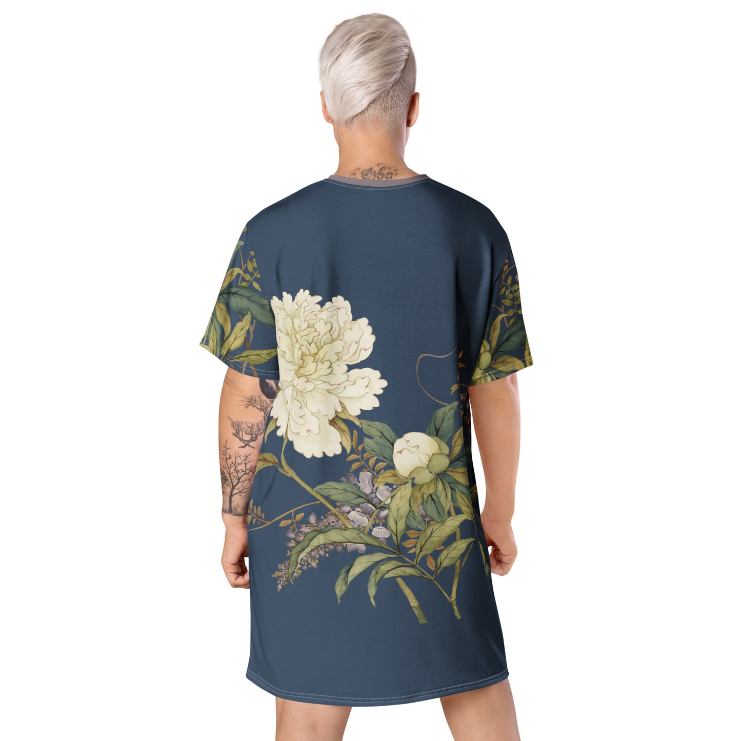 12月の花神様｜Chinese Peony and Wisteria in Bloom｜Tシャツドレス｜Dark blue