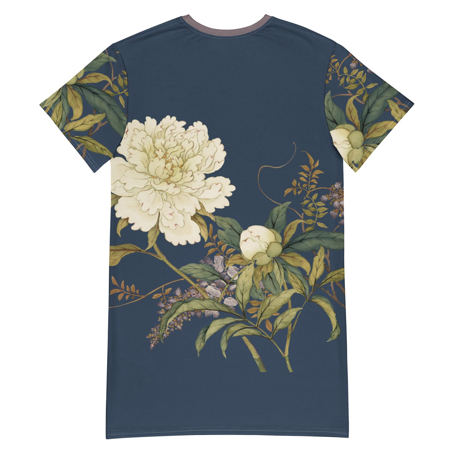 The Spirit of Flowers in Twelve Months｜Chinese Peony and Wisteria in Bloom｜T-shirt dress｜Dark blue