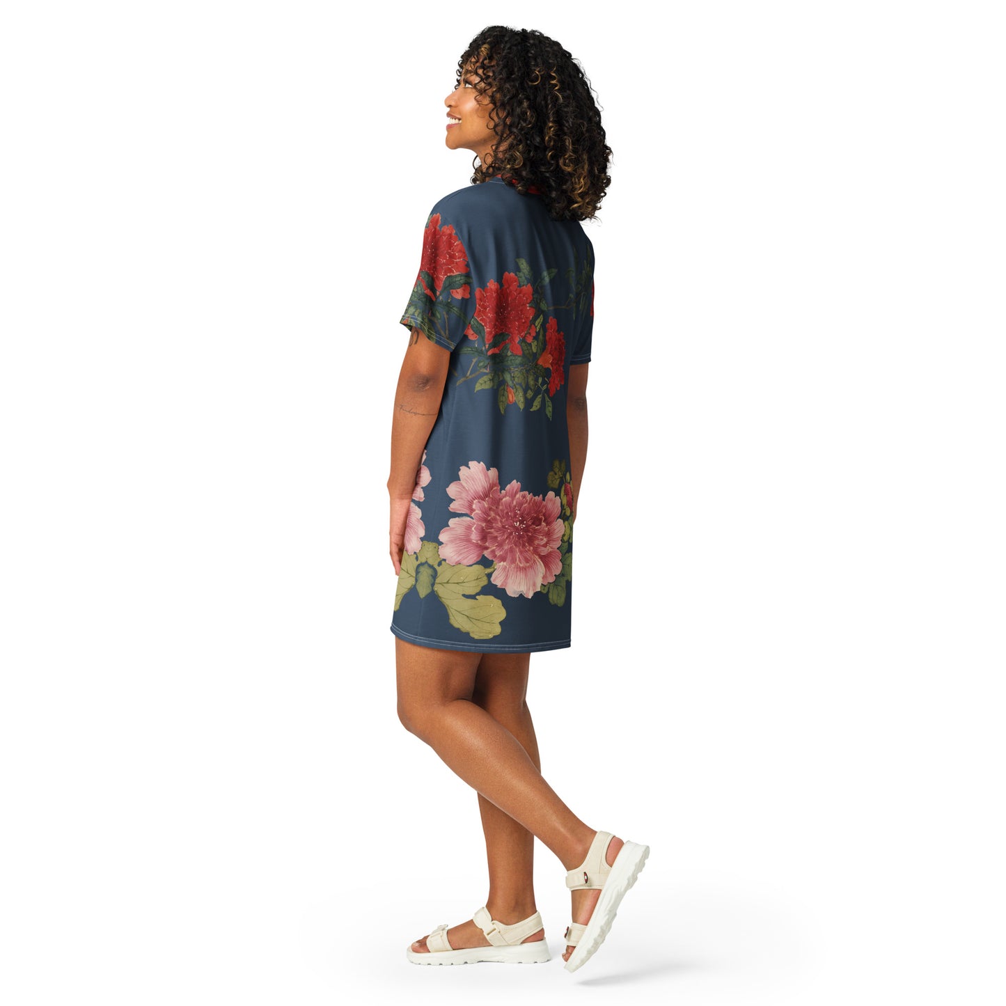 The Spirit of Flowers in Twelve Months｜Hollyhock and Pomegranate in Bloom｜T-shirt dress｜Dark blue