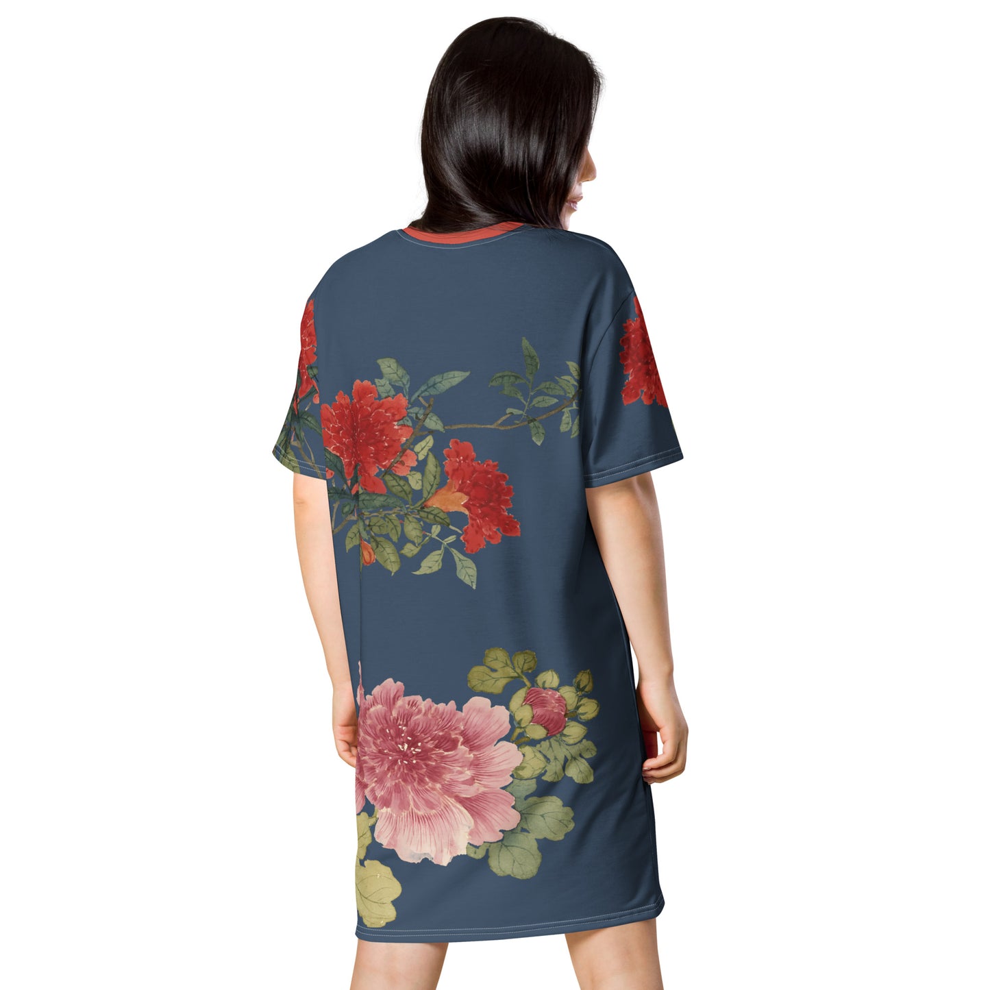 The Spirit of Flowers in Twelve Months｜Hollyhock and Pomegranate in Bloom｜T-shirt dress｜Dark blue