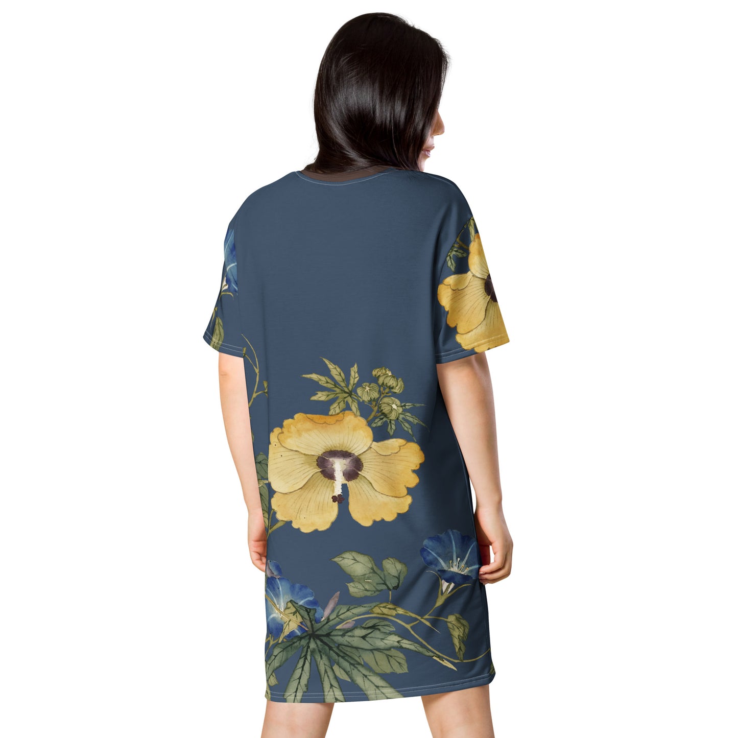 The Spirit of Flowers in Twelve Months｜Okra and White-edged Morning Glory in Bloom｜T-shirt dress｜Dark blue