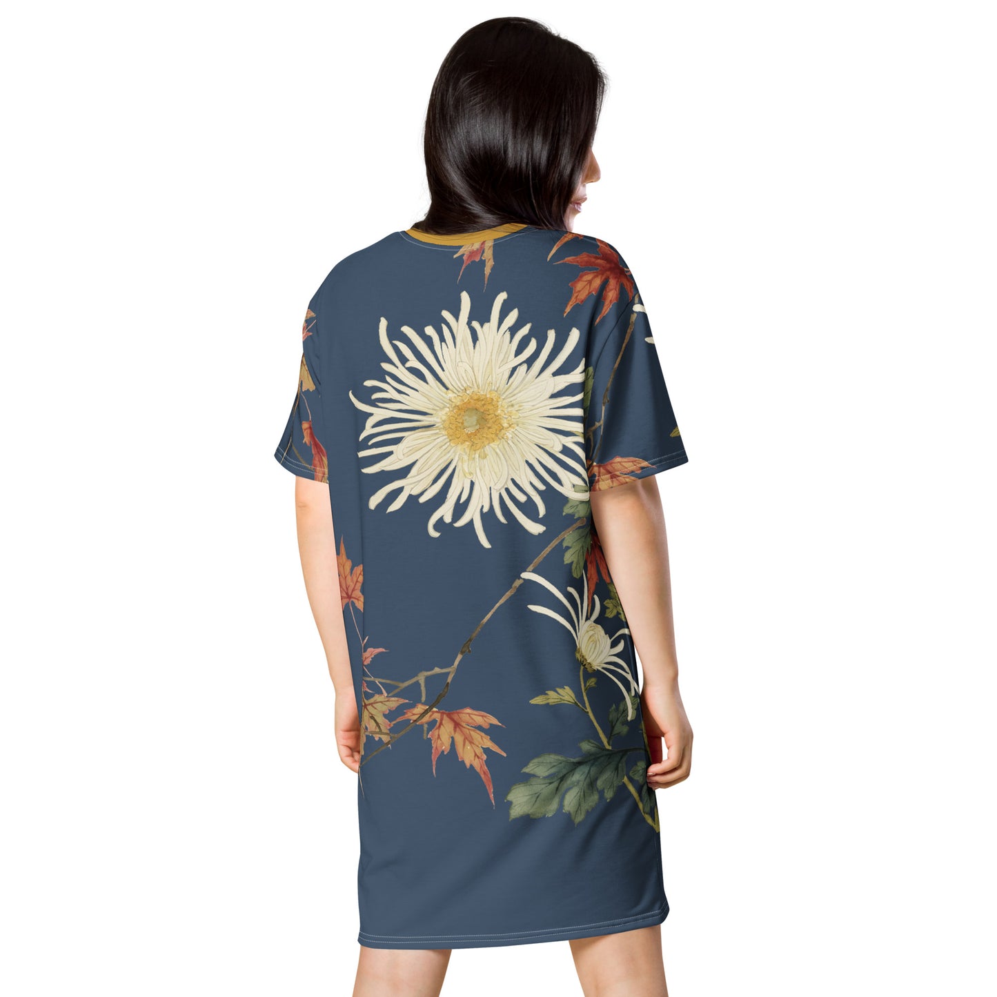 The Spirit of Flowers in Twelve Months｜Blooming Chrysanthemum and Maple Leaves｜T-shirt dress｜Dark blue