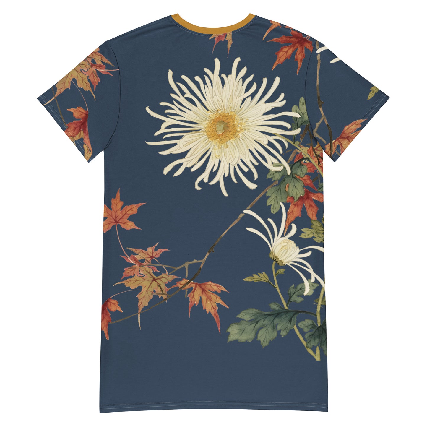 12月の花神様｜Blooming Chrysanthemum and Maple Leaves｜T-shirt dress｜Dark blue