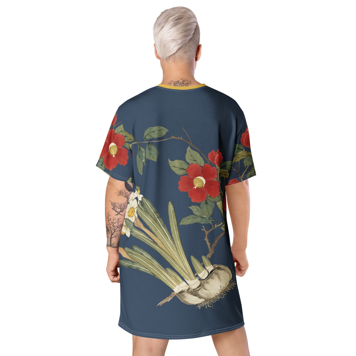 The Spirit of Flowers in Twelve Months｜Narcissus and Camelia in Bloom｜T-shirt dress｜Dark blue