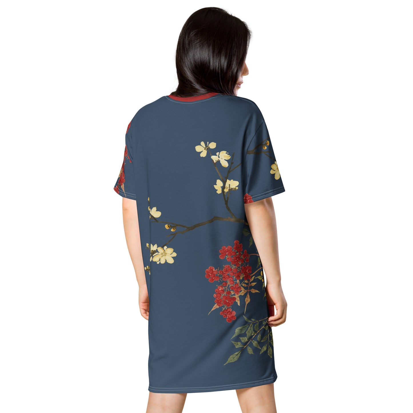 The Spirit of Flowers in Twelve Months｜Blooming Wintersweet and Heavenly Bamboo｜T-shirt dress｜Dark blue