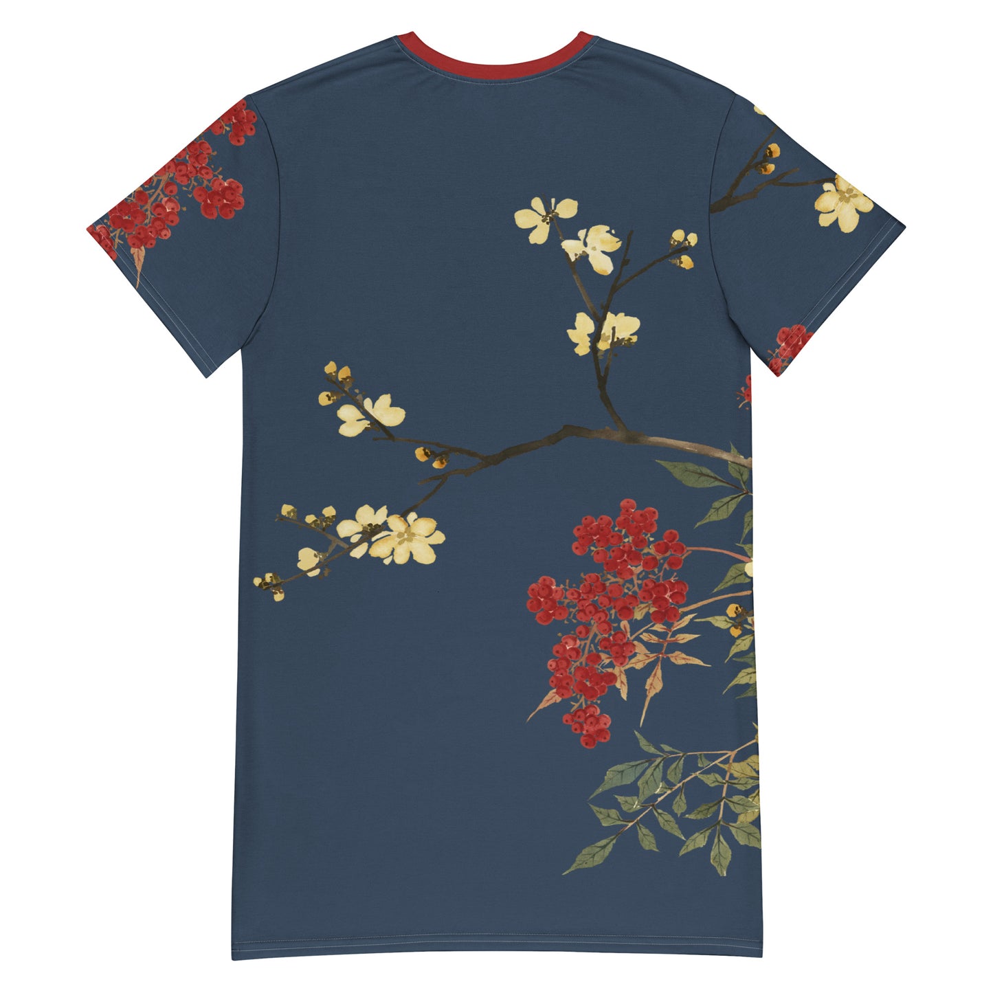 The Spirit of Flowers in Twelve Months｜Blooming Wintersweet and Heavenly Bamboo｜T-shirt dress｜Dark blue