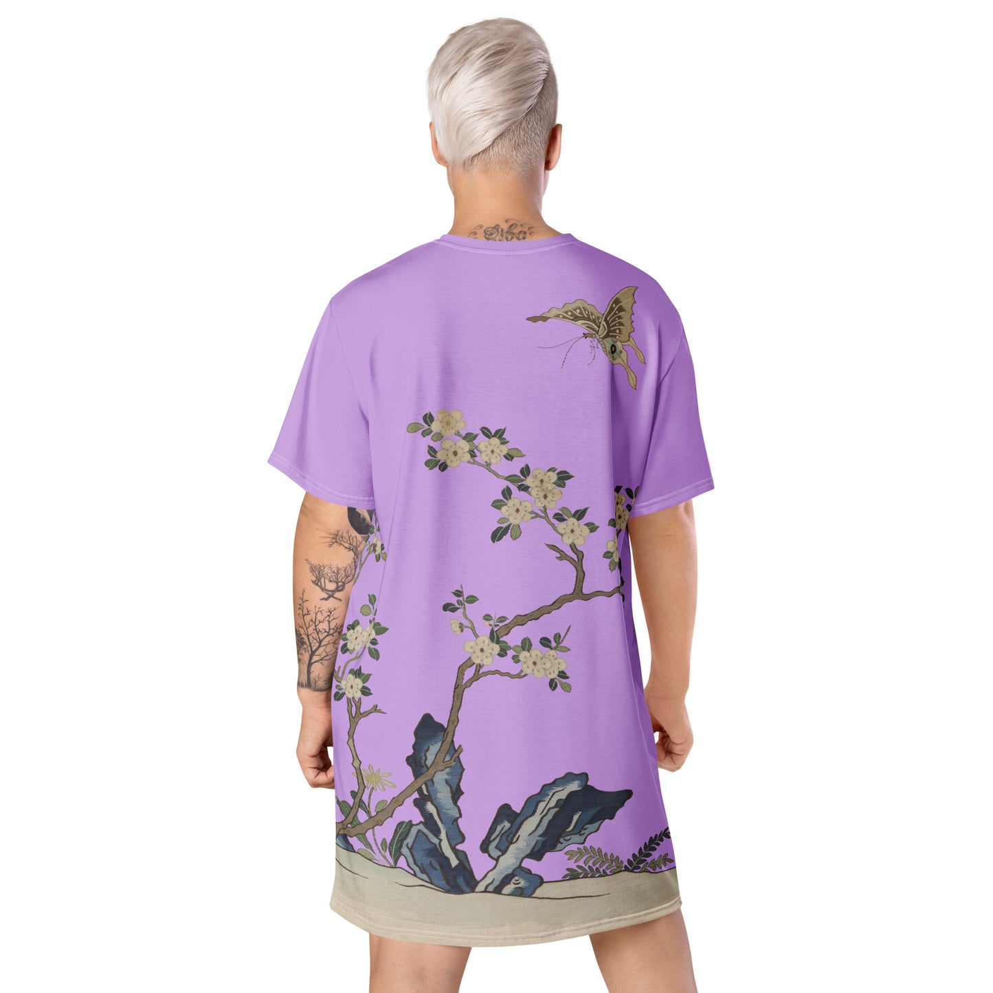 タペストリーの花｜白梅と蝶｜Tシャツドレス｜ライラック