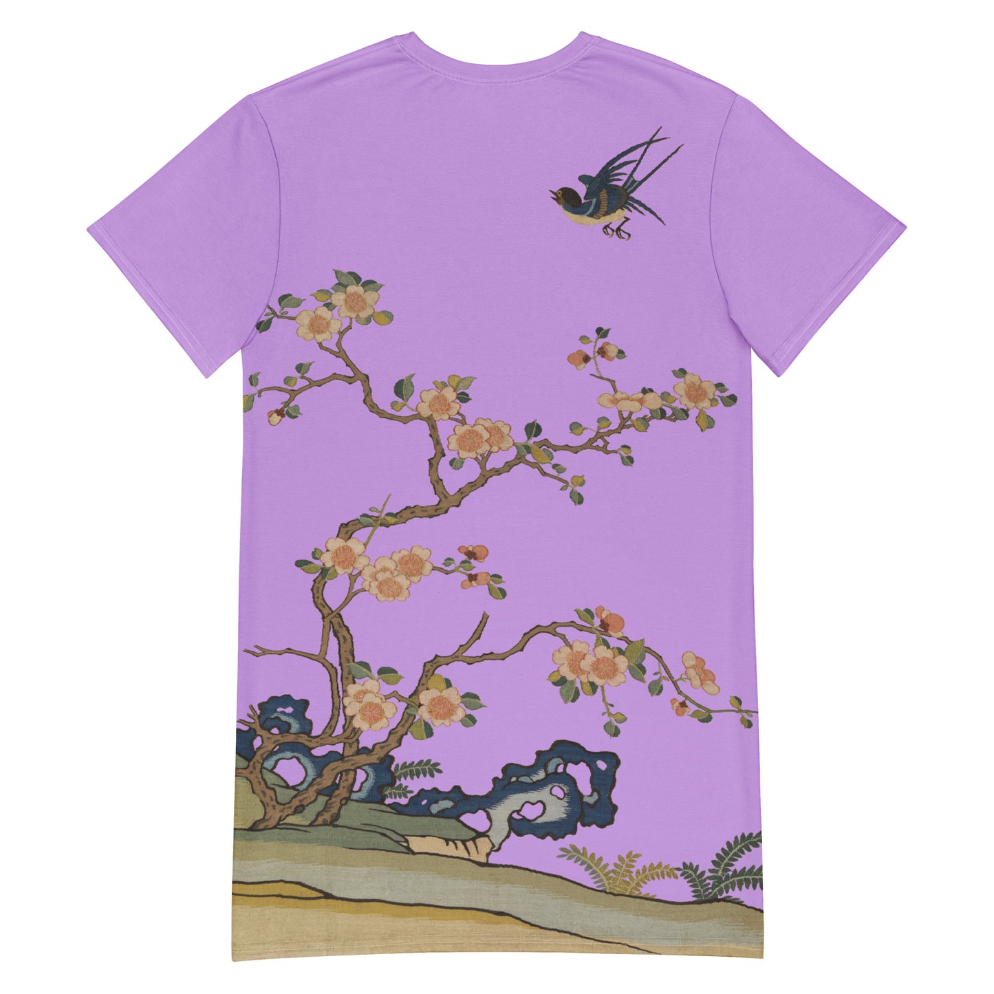 タペストリーの花｜飛行中のツバメ、春の前触れ｜Tシャツドレス｜ライラック