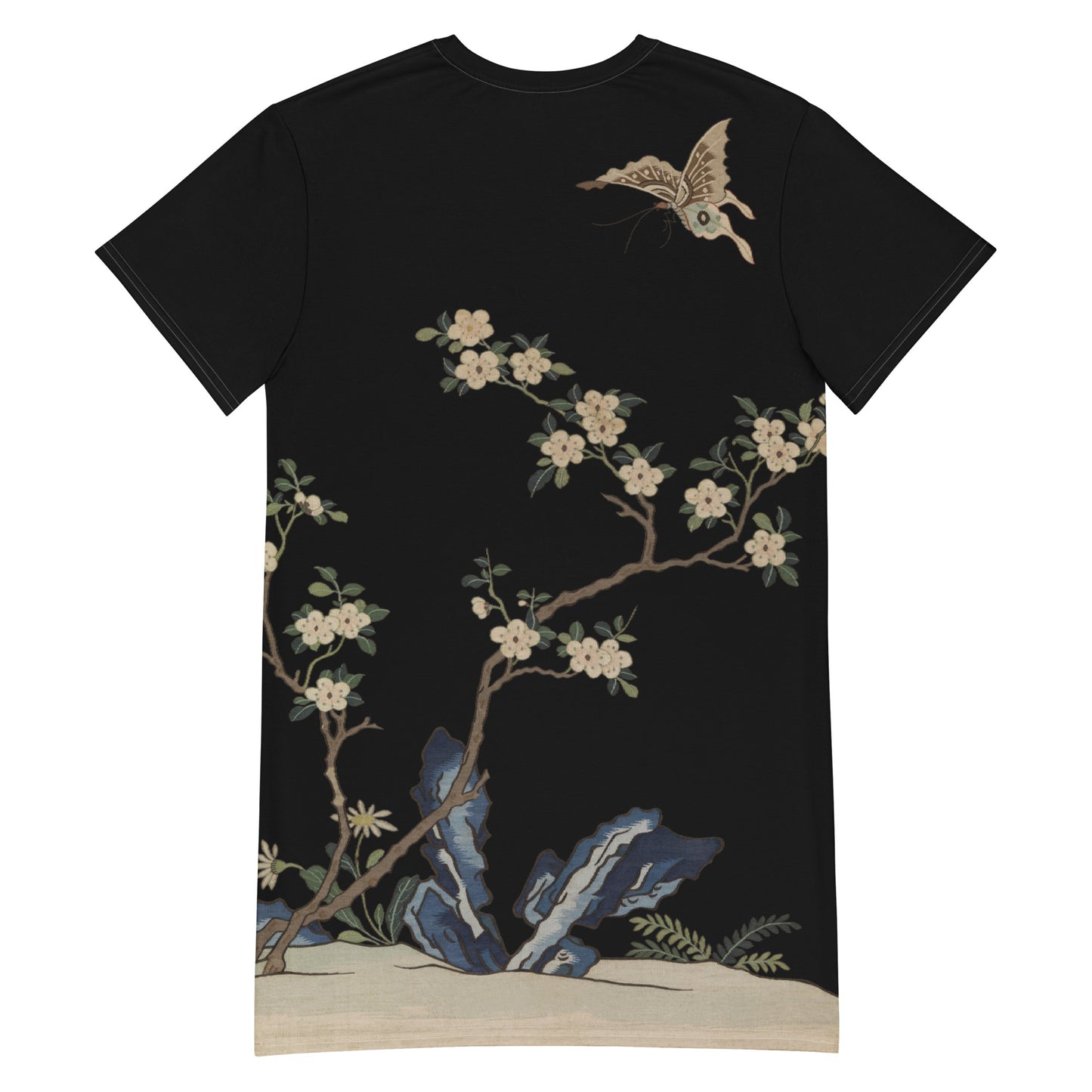 タペストリーの花｜白い梅の花と蝶｜Tシャツドレス｜ブラック