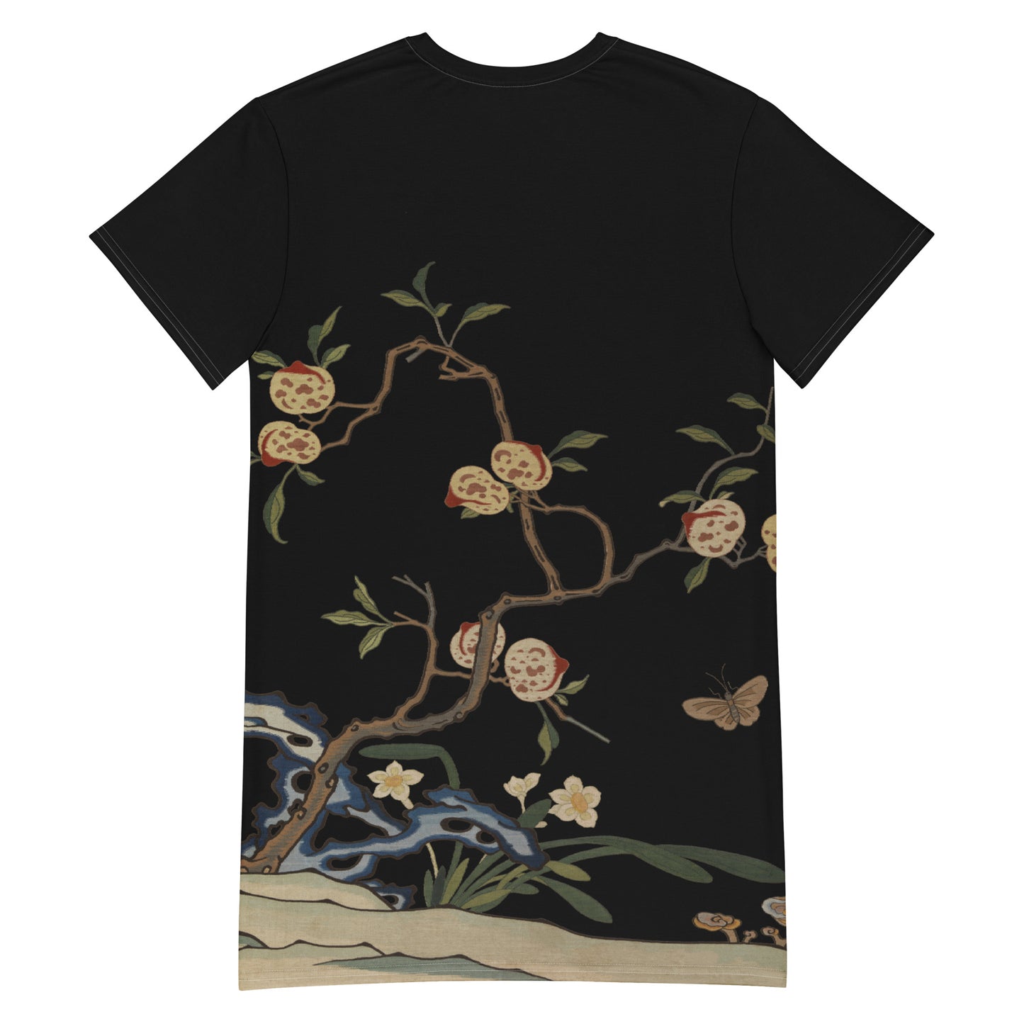 タペストリーの花｜水仙と桃｜Tシャツドレス｜ブラック