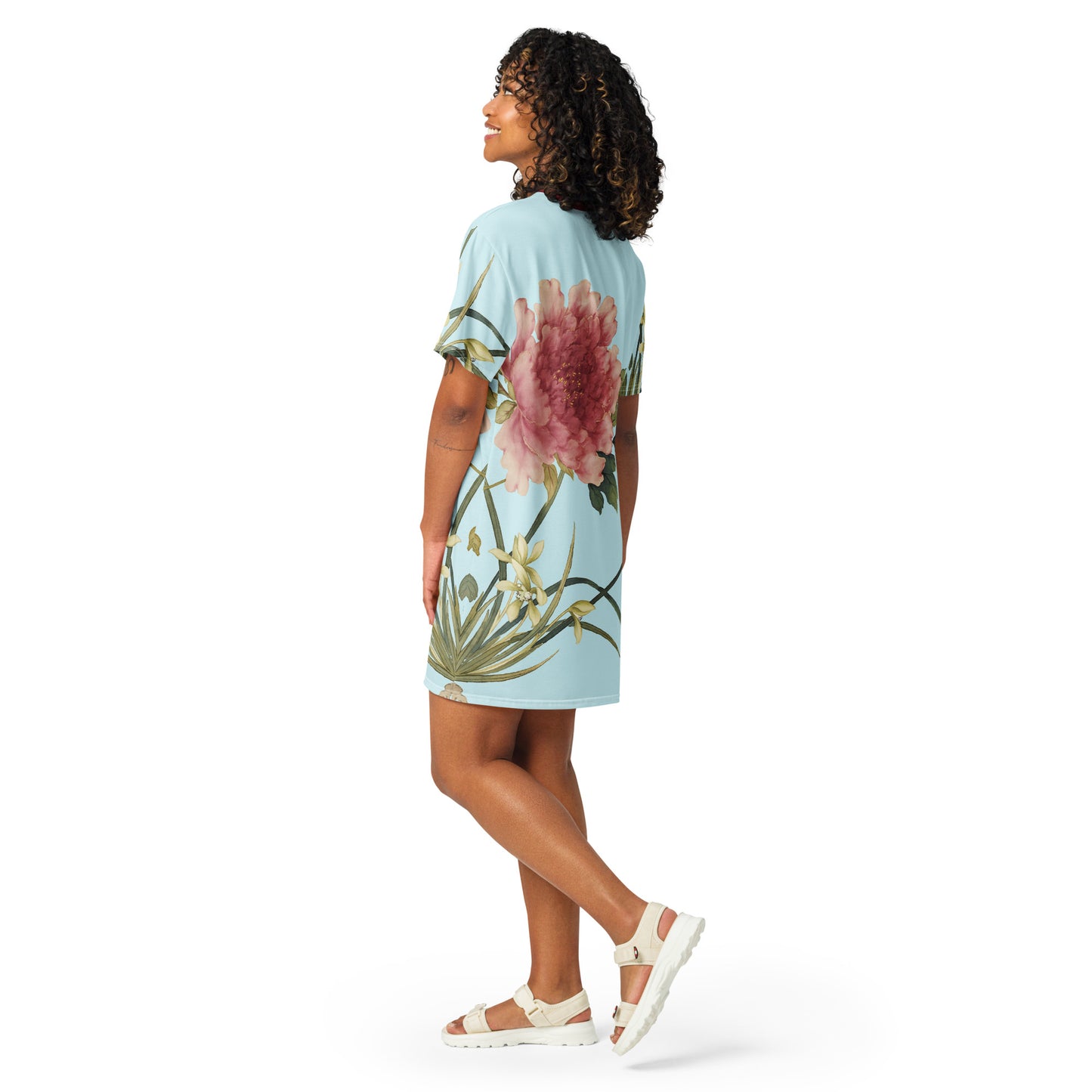 The Spirit of Flowers in Twelve Months｜Orchid and Tree Peony in Bloom｜T-shirt dress｜Aqua blue