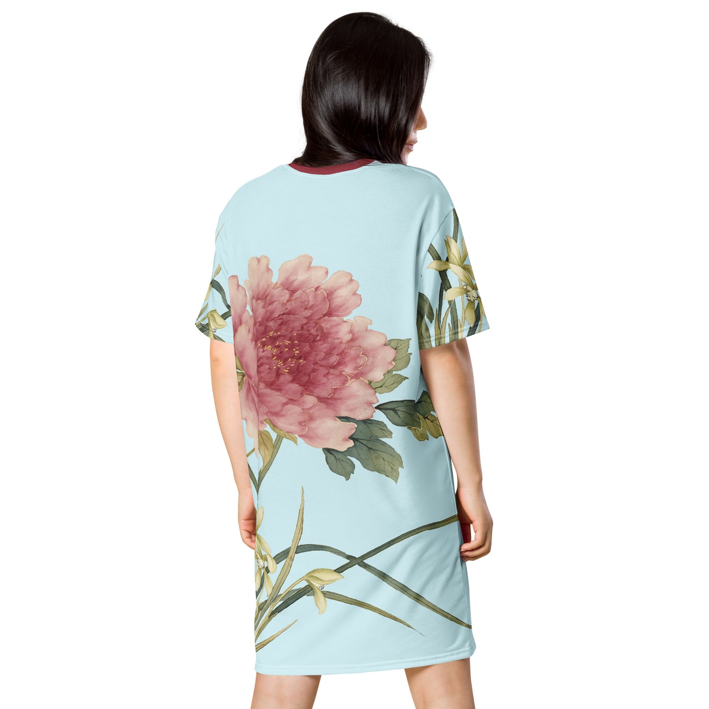 The Spirit of Flowers in Twelve Months｜Orchid and Tree Peony in Bloom｜T-shirt dress｜Aqua blue