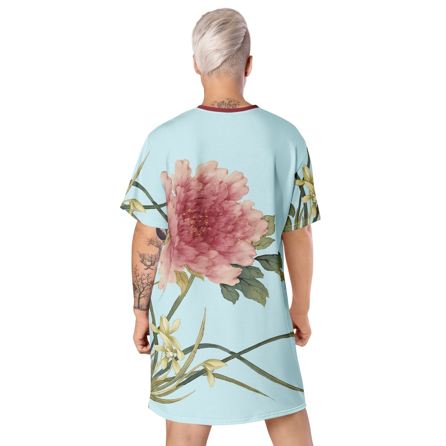 The Spirit of Flowers in Twelve Months｜Orchid and Tree Peony in Bloom｜T-shirt dress｜Aqua blue