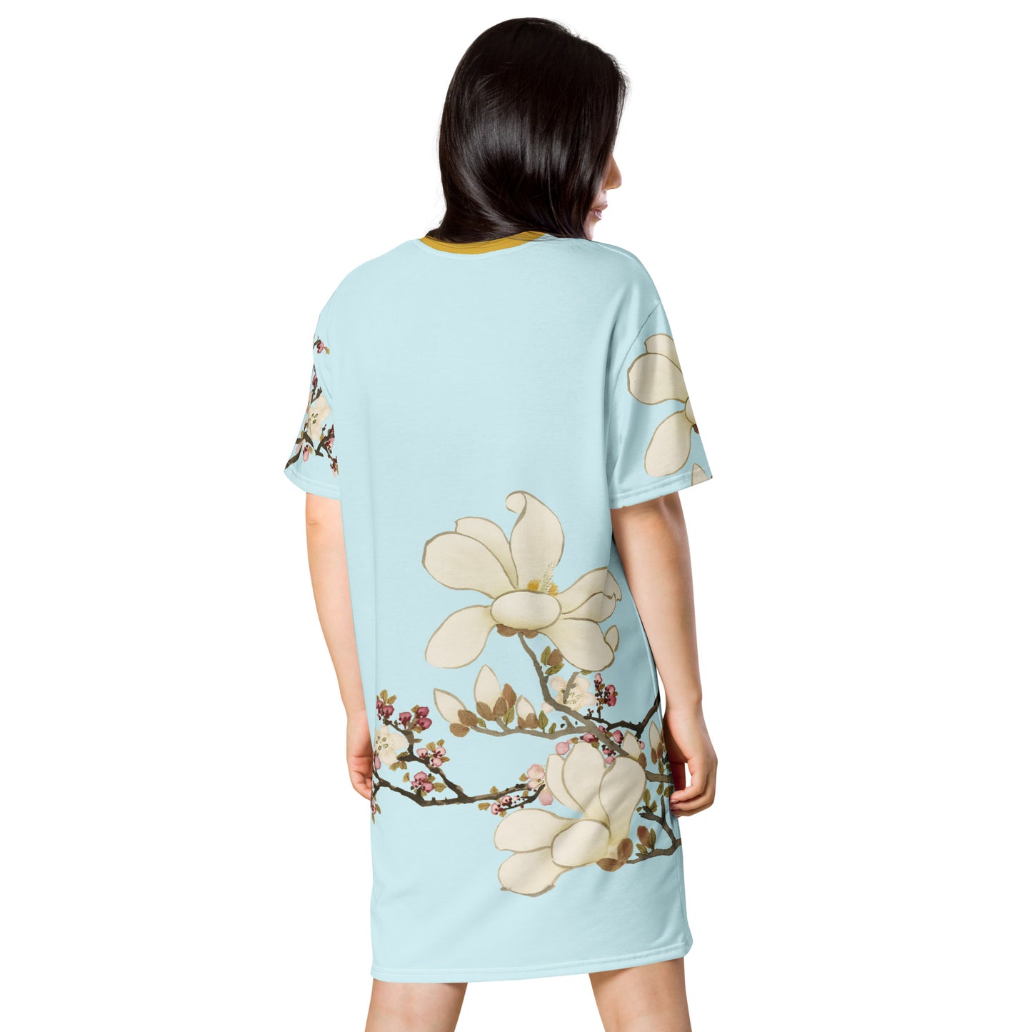 12月の花神様｜Apricot and Lily Magnolia in Blossom｜Tシャツドレス｜Aqua blue