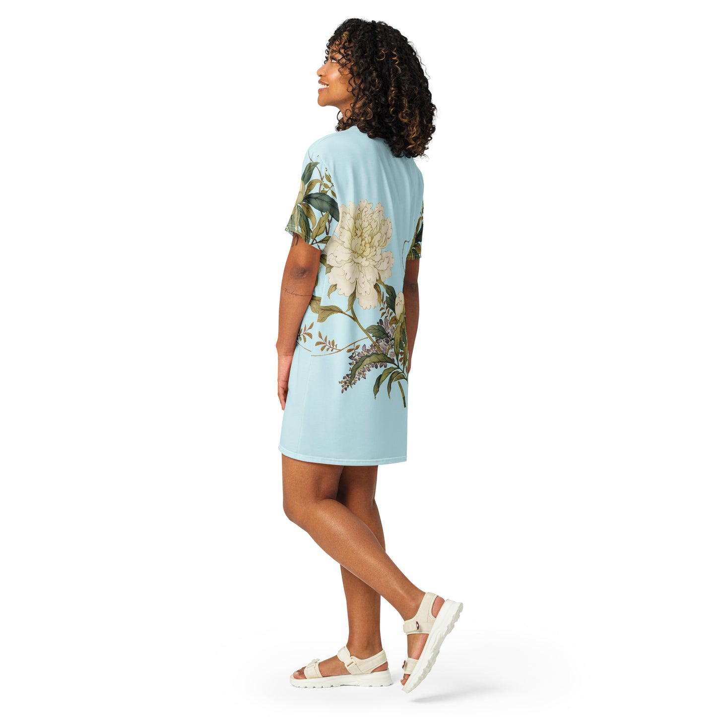 The Spirit of Flowers in Twelve Months｜Chinese Peony and Wisteria in Bloom｜T-shirt dress｜Aqua blue