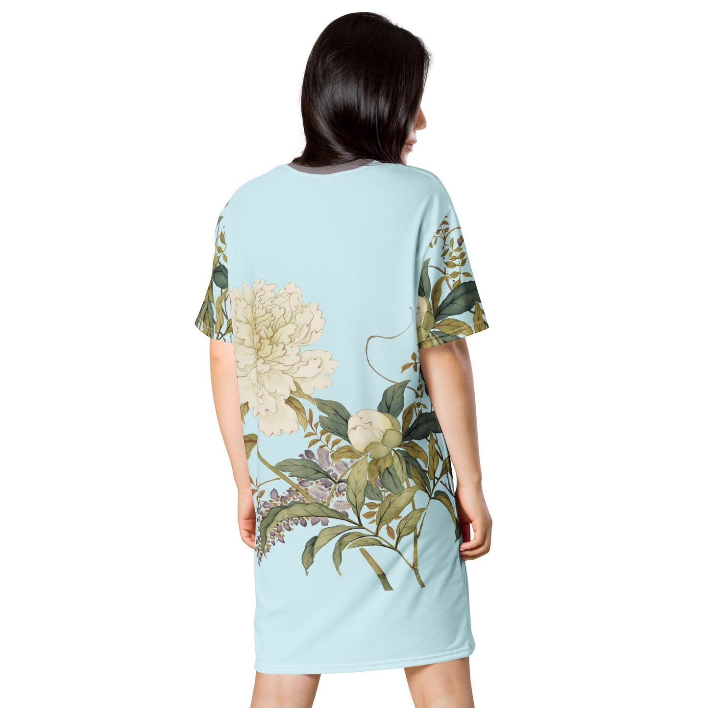 12月の花神様｜Chinese Peony and Wisteria in Bloom｜Tシャツドレス｜Aqua blue