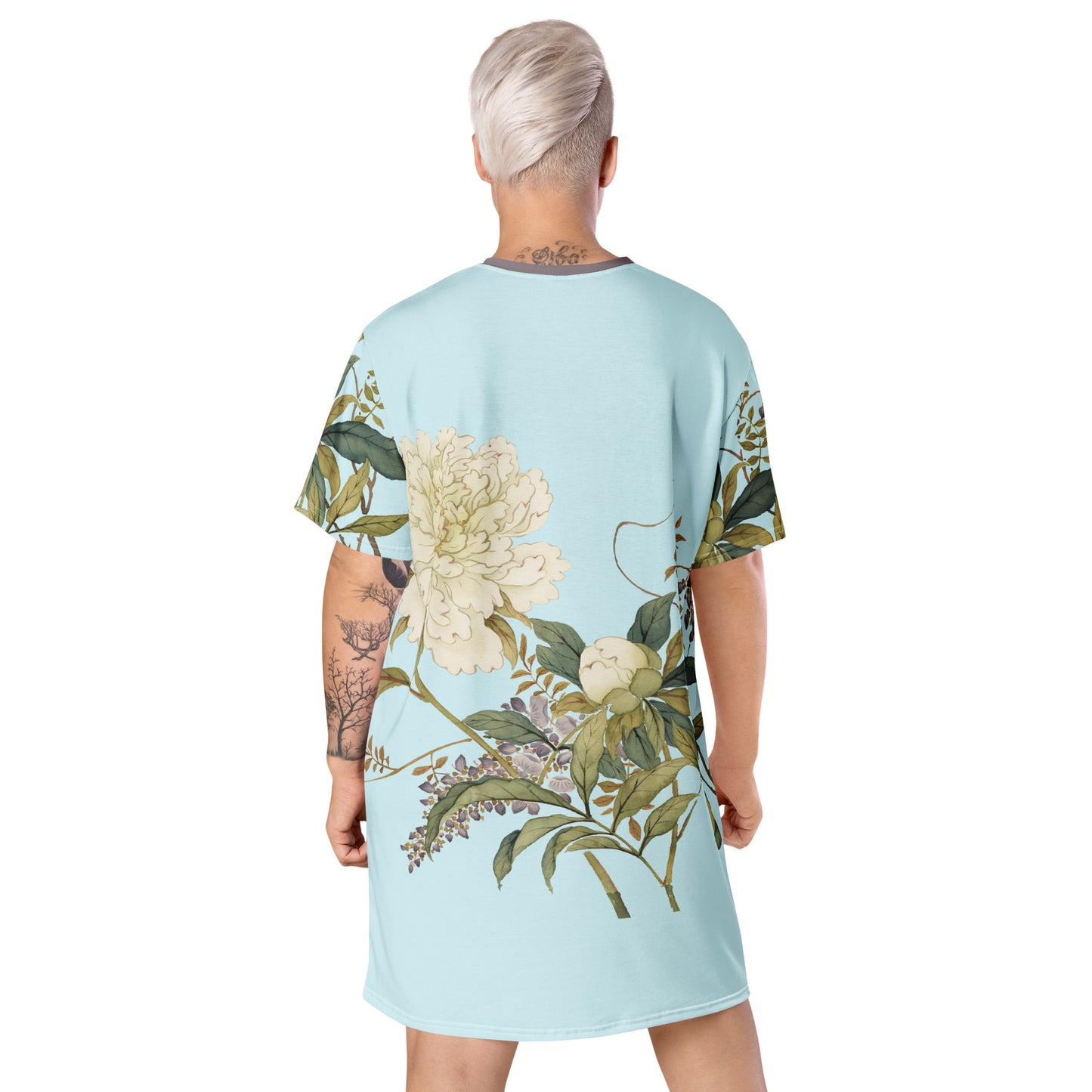 The Spirit of Flowers in Twelve Months｜Chinese Peony and Wisteria in Bloom｜T-shirt dress｜Aqua blue