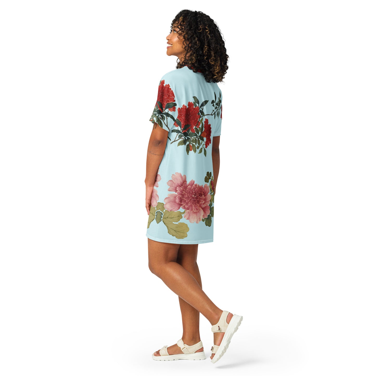 The Spirit of Flowers in Twelve Months｜Hollyhock and Pomegranate in Bloom｜T-shirt dress｜Aqua blue