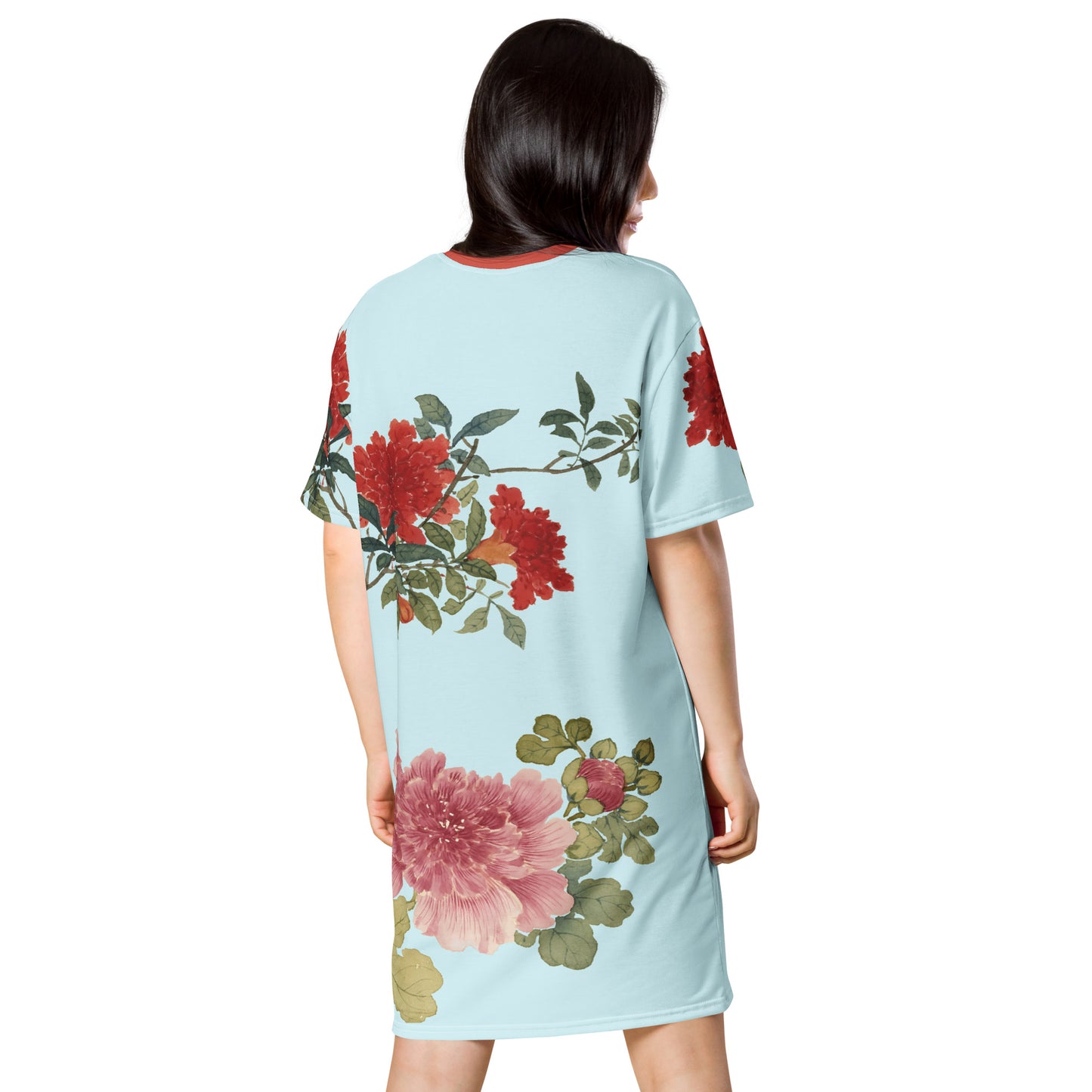 The Spirit of Flowers in Twelve Months｜Hollyhock and Pomegranate in Bloom｜T-shirt dress｜Aqua blue