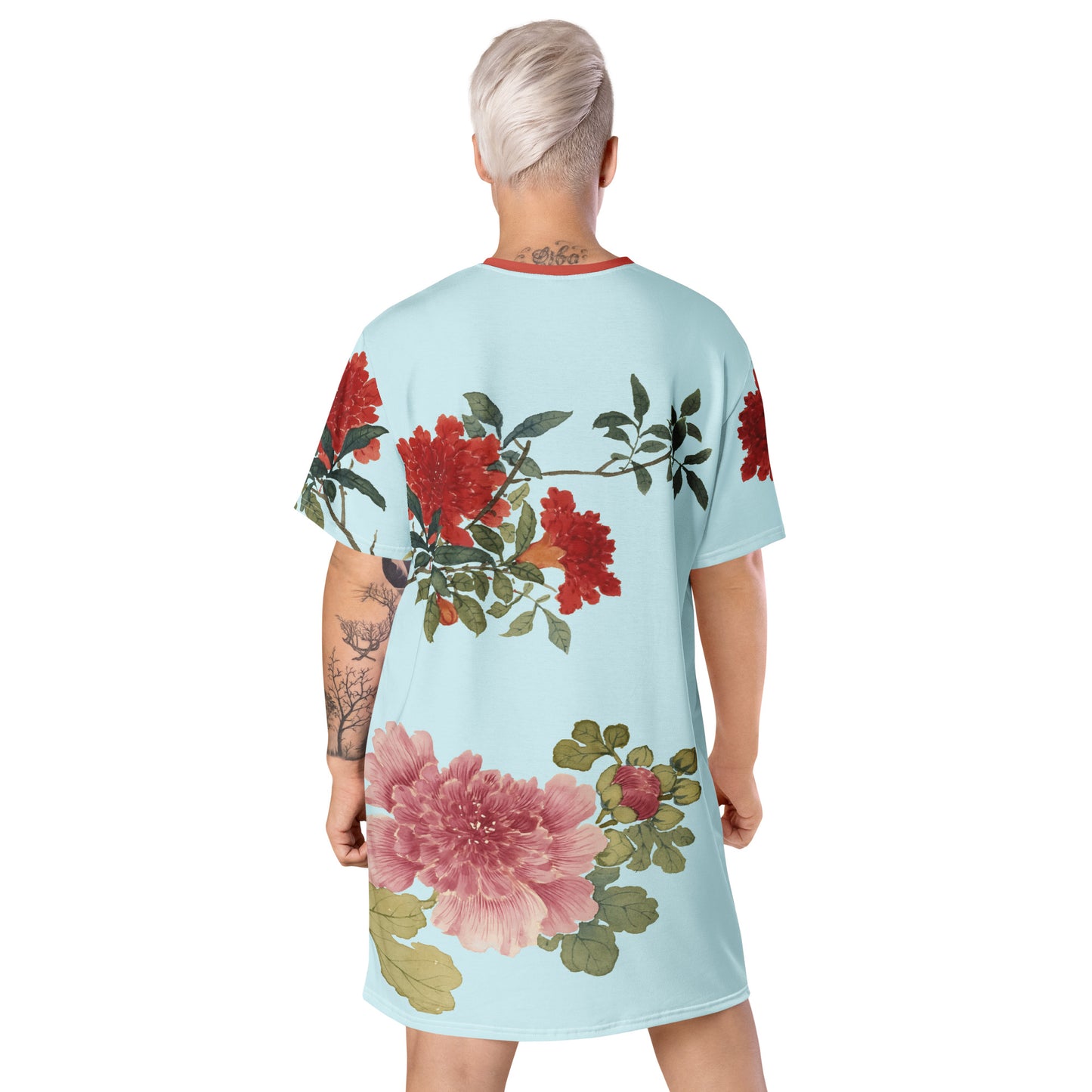 The Spirit of Flowers in Twelve Months｜Hollyhock and Pomegranate in Bloom｜T-shirt dress｜Aqua blue