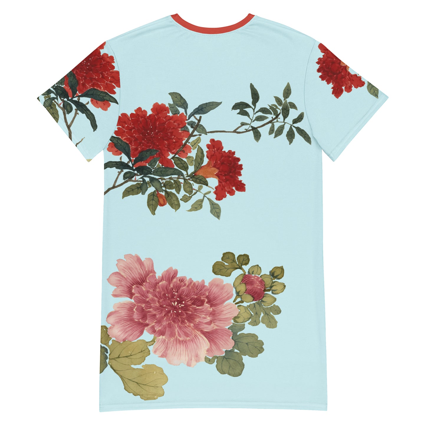 The Spirit of Flowers in Twelve Months｜Hollyhock and Pomegranate in Bloom｜T-shirt dress｜Aqua blue