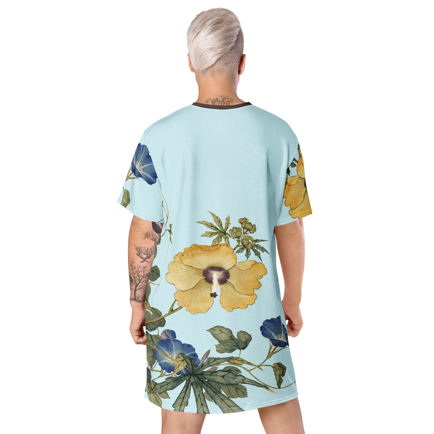 The Spirit of Flowers in Twelve Months｜Okra and White-edged Morning Glory in Bloom｜T-shirt dress｜Aqua blue