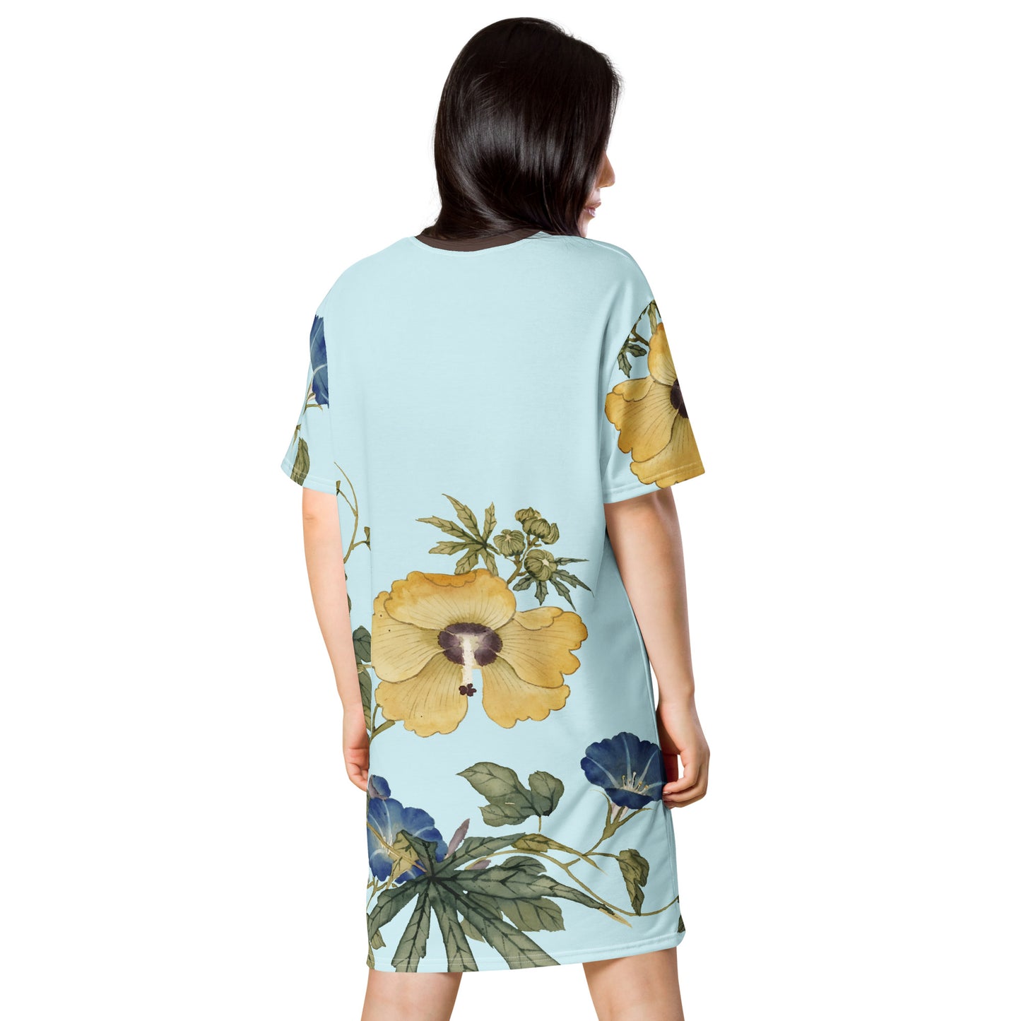 The Spirit of Flowers in Twelve Months｜Okra and White-edged Morning Glory in Bloom｜T-shirt dress｜Aqua blue