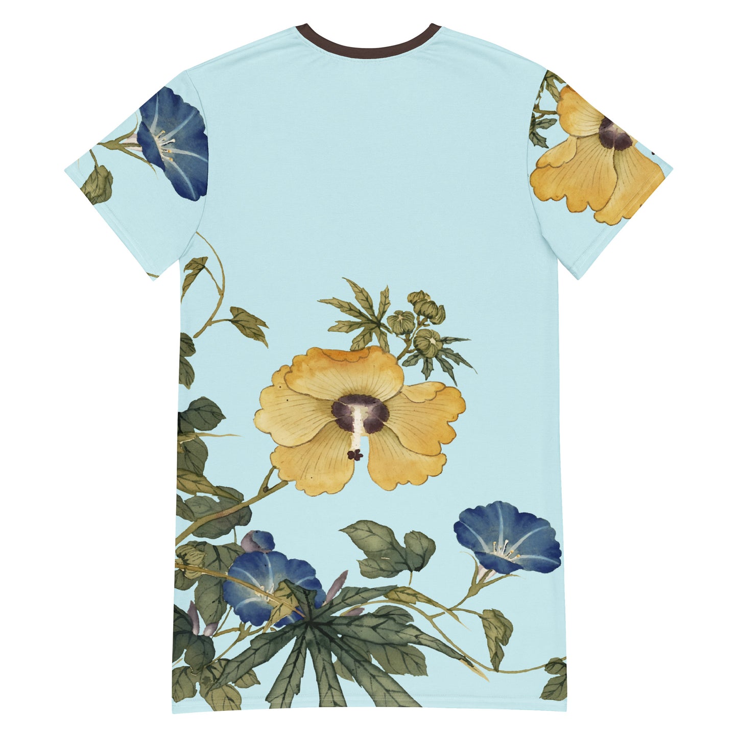 The Spirit of Flowers in Twelve Months｜Okra and White-edged Morning Glory in Bloom｜T-shirt dress｜Aqua blue