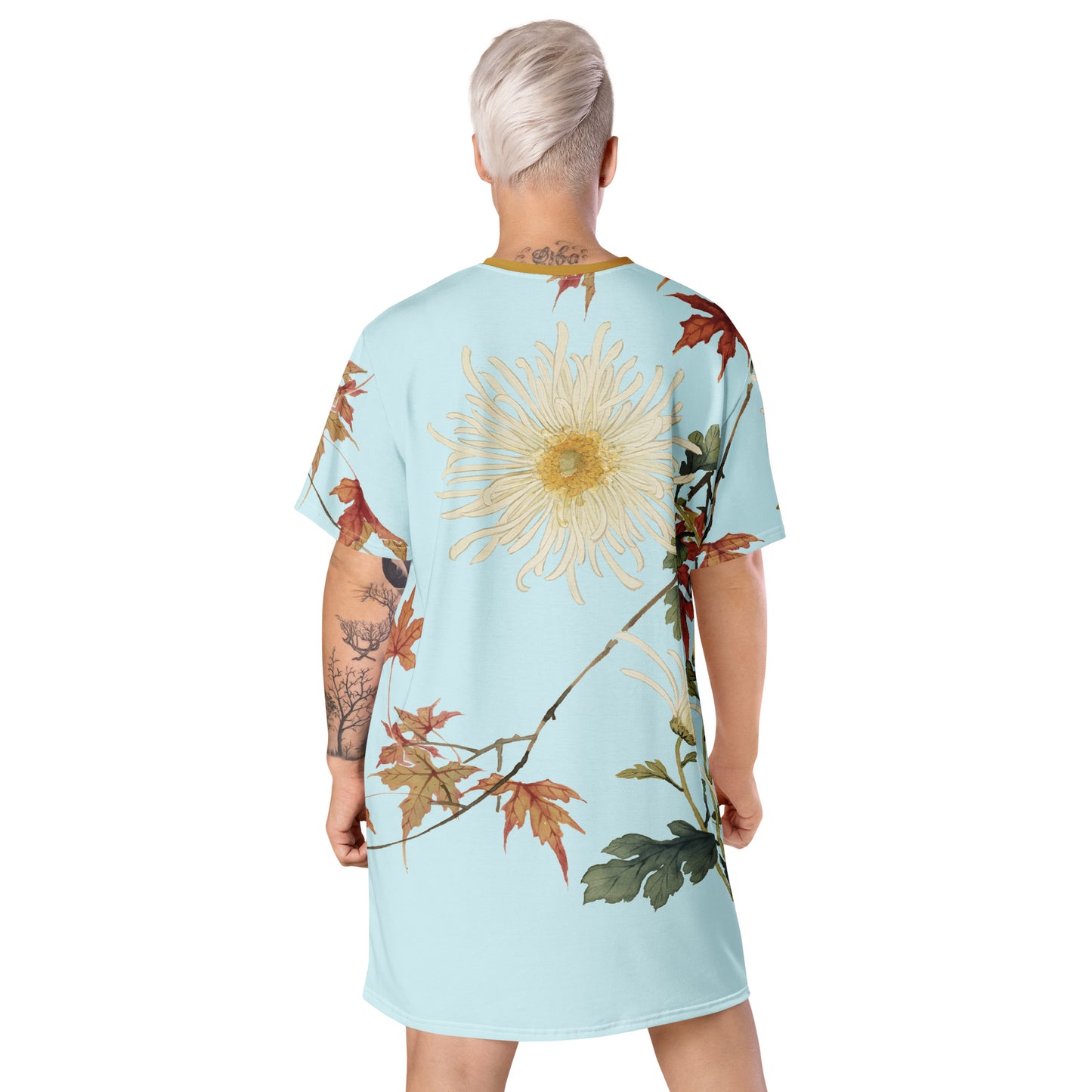 The Spirit of Flowers in Twelve Months｜Blooming Chrysanthemum and Maple Leaves｜T-shirt dress｜Aqua blue