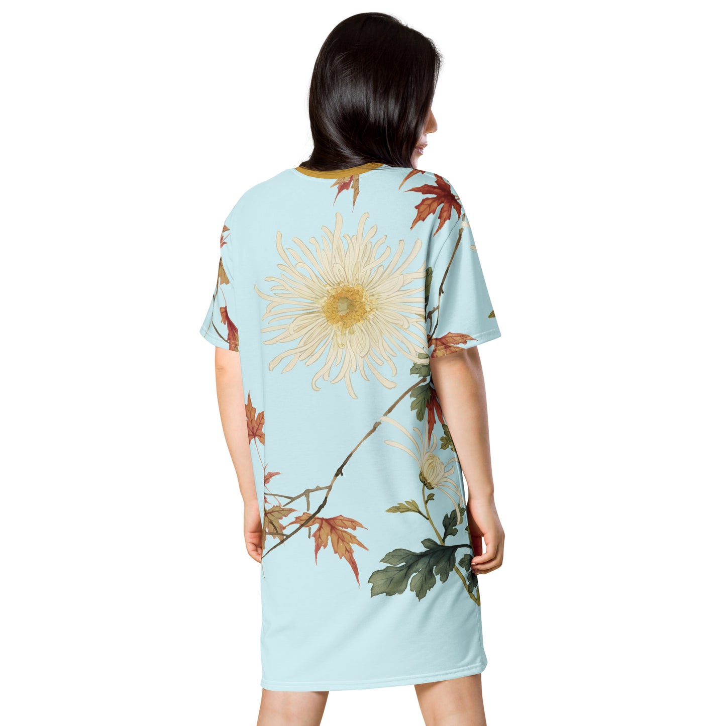 The Spirit of Flowers in Twelve Months｜Blooming Chrysanthemum and Maple Leaves｜T-shirt dress｜Aqua blue