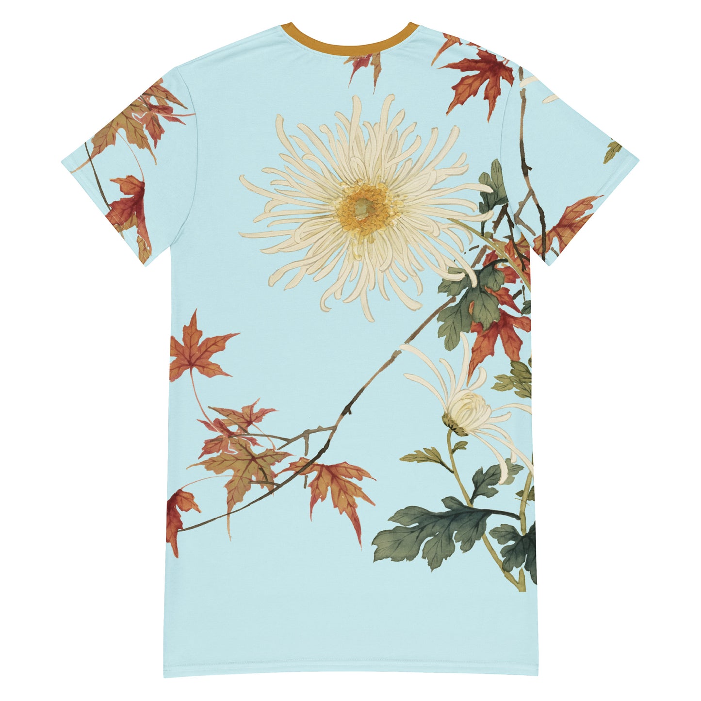 The Spirit of Flowers in Twelve Months｜Blooming Chrysanthemum and Maple Leaves｜T-shirt dress｜Aqua blue