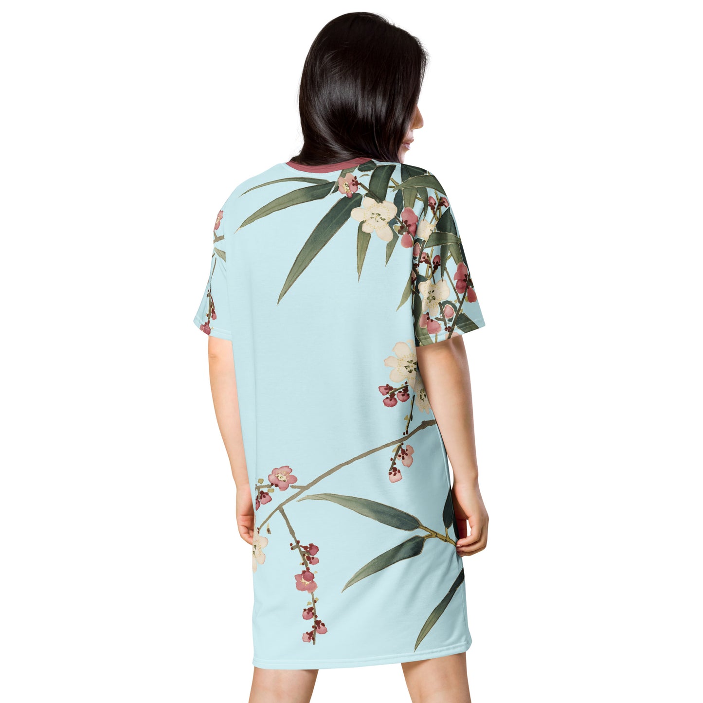 The Spirit of Flowers in Twelve Months｜Crimson Plum Blossom and Lush Green Bamboo｜T-shirt dress｜Aqua blue