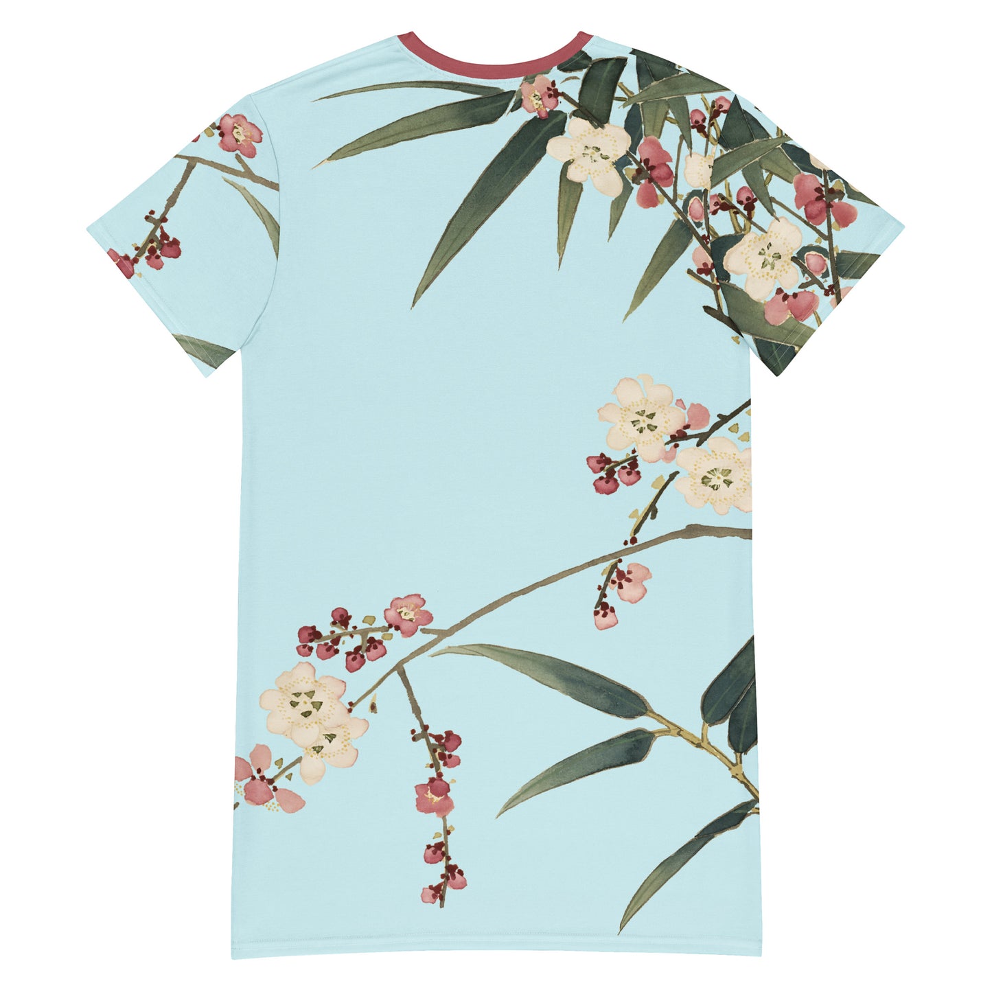 The Spirit of Flowers in Twelve Months｜Crimson Plum Blossom and Lush Green Bamboo｜T-shirt dress｜Aqua blue