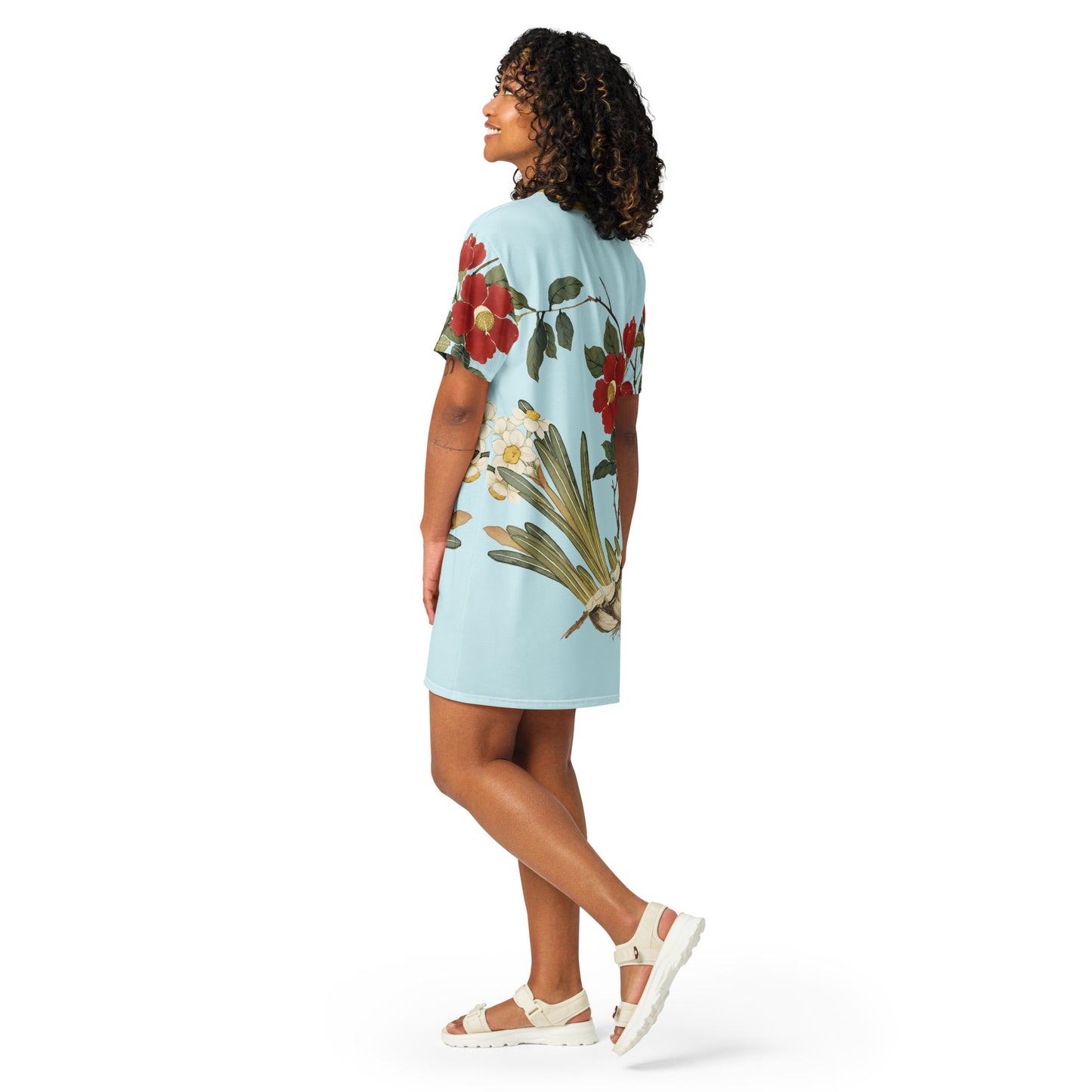 The Spirit of Flowers in Twelve Months｜Narcissus and Camelia in Bloom｜T-shirt dress｜Aqua blue