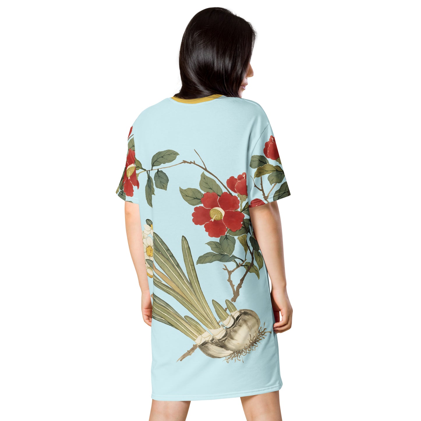 The Spirit of Flowers in Twelve Months｜Narcissus and Camelia in Bloom｜T-shirt dress｜Aqua blue