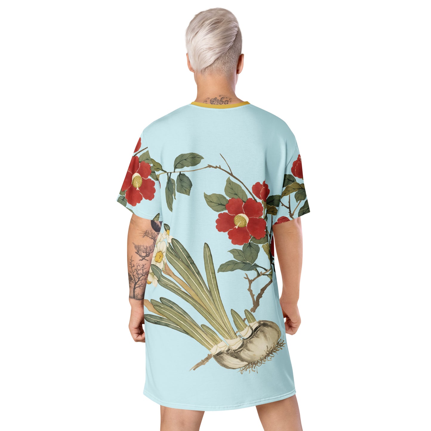 12月の花神様｜Narcissus and Camelia in Bloom｜Tシャツドレス｜Aqua blue