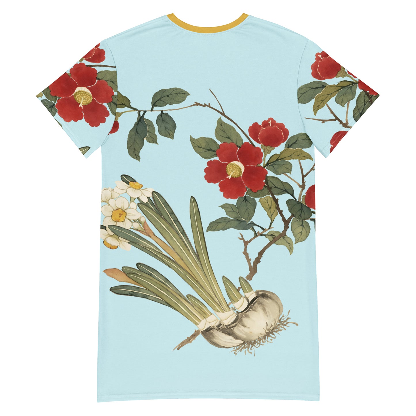 12月の花神様｜Narcissus and Camelia in Bloom｜Tシャツドレス｜Aqua blue