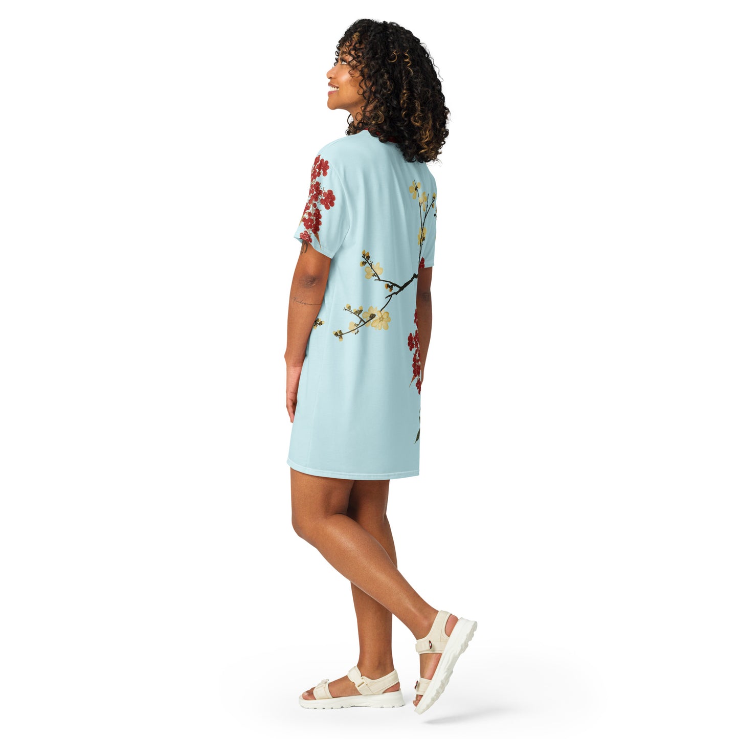 The Spirit of Flowers in Twelve Months｜Blooming Wintersweet and Heavenly Bamboo｜T-shirt dress｜Aqua blue