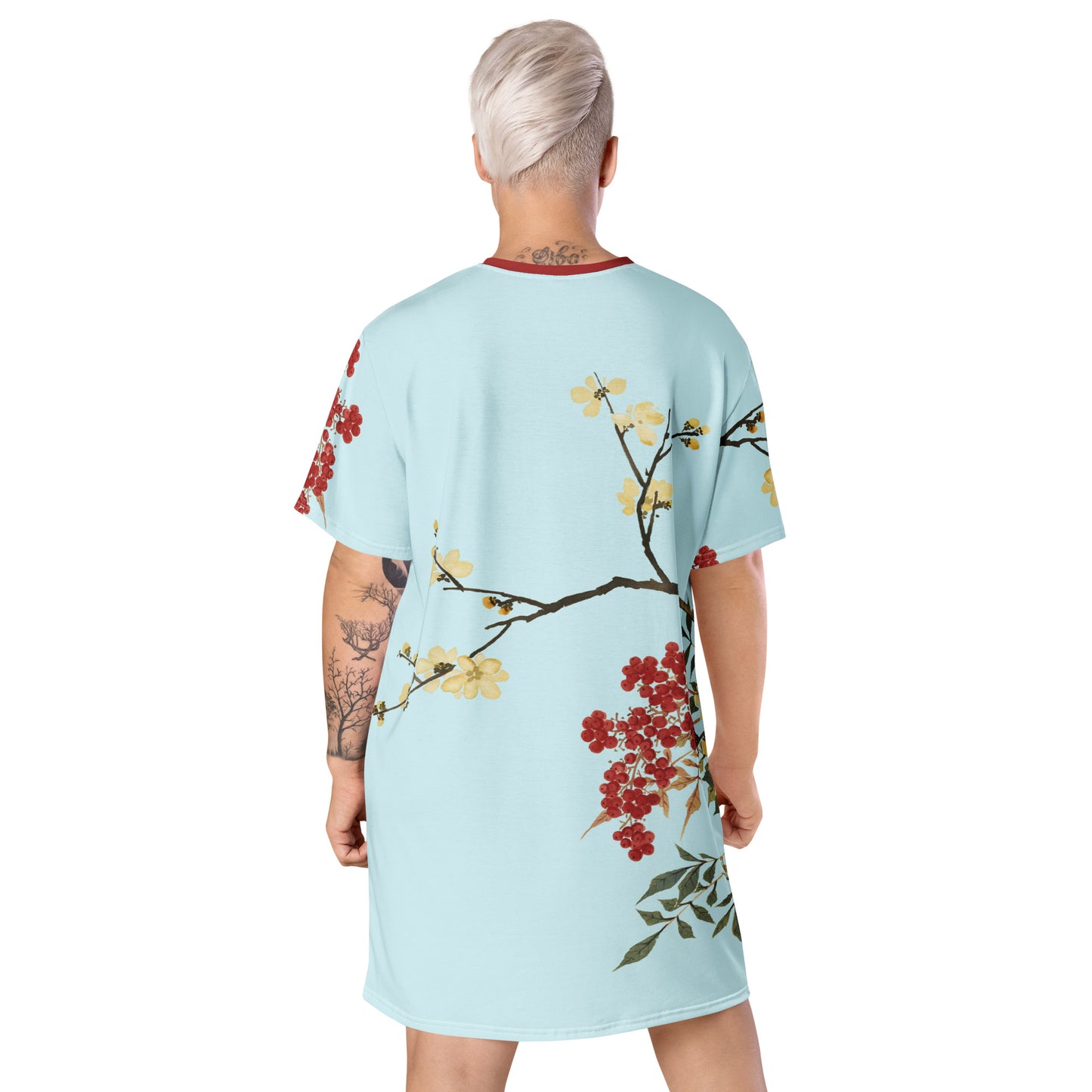 The Spirit of Flowers in Twelve Months｜Blooming Wintersweet and Heavenly Bamboo｜T-shirt dress｜Aqua blue