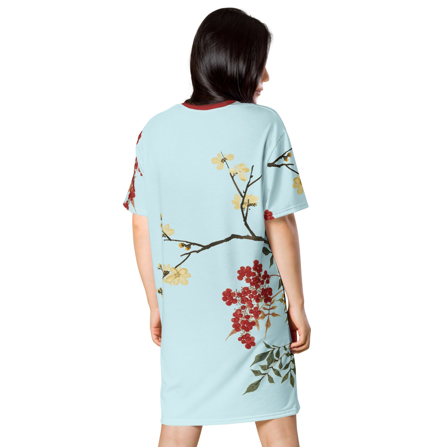 The Spirit of Flowers in Twelve Months｜Blooming Wintersweet and Heavenly Bamboo｜T-shirt dress｜Aqua blue