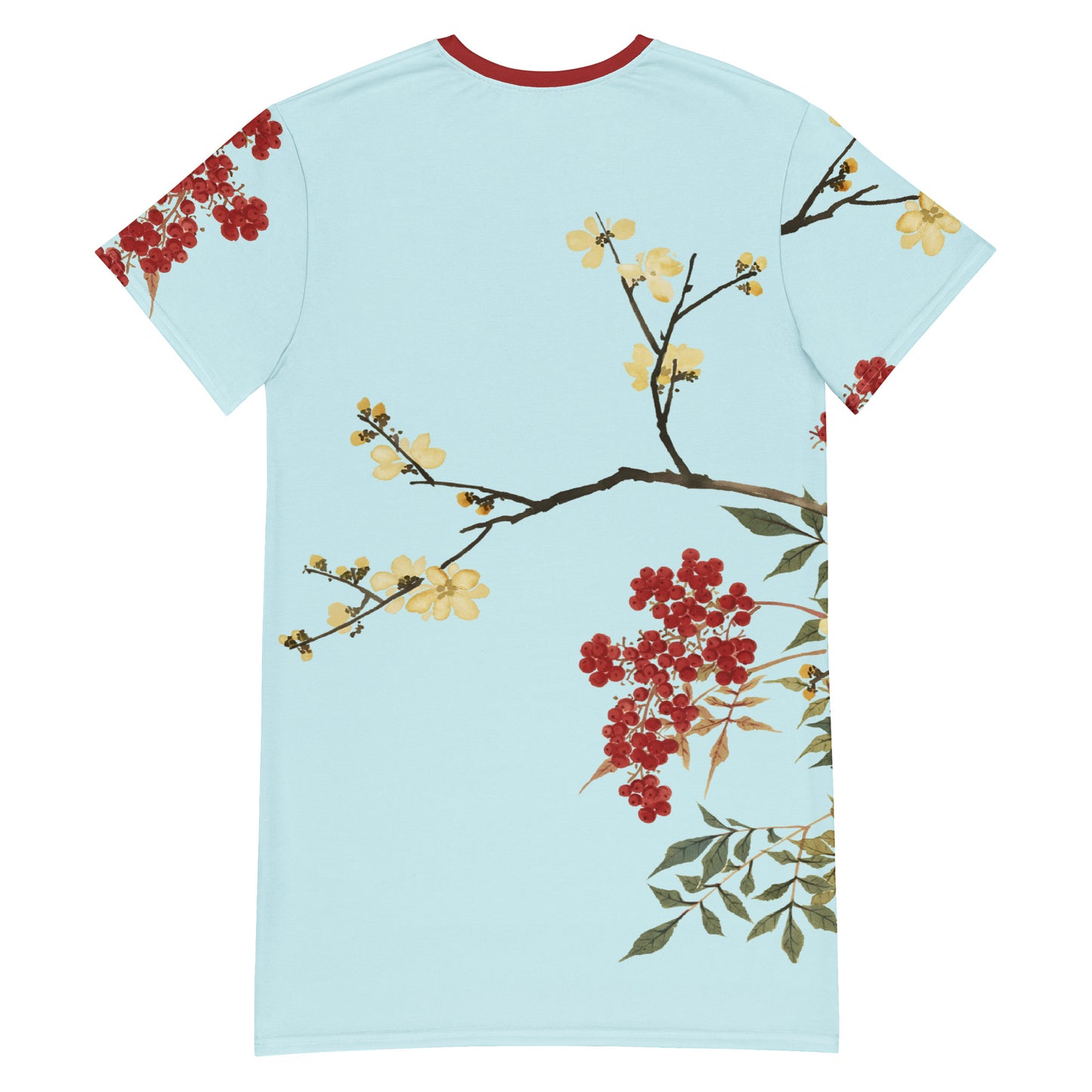 The Spirit of Flowers in Twelve Months｜Blooming Wintersweet and Heavenly Bamboo｜T-shirt dress｜Aqua blue